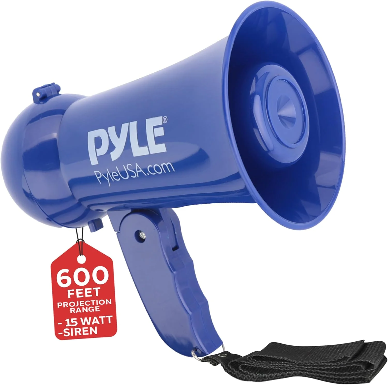 بلندگوی دستی قابل حمل Pyle - بلندگوی شیپوری باتری خور با آژیر، میکروفون دینامیک داخلی، کنترل تنظیم صدا، حالت صحبت، موسیقی و آژیر (آبی)