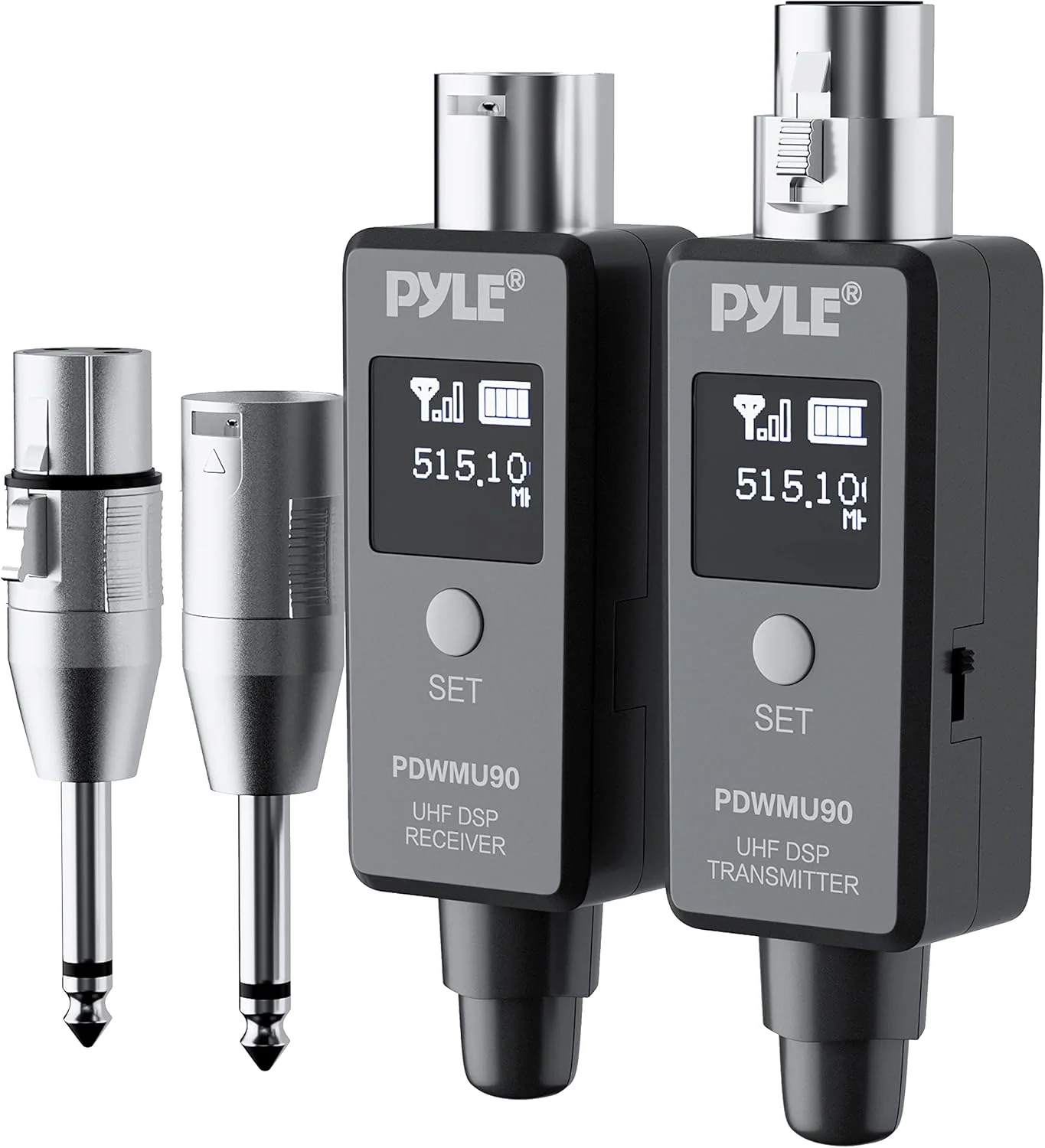 سیستم آداپتور XLR بی سیم UHF چند منظوره Pyle، فرستنده و گیرنده برای میکروفون های دینامیک و منابع موسیقی، انتقال سیگنال فرکانس 48k، قابلیت شارژ USB، برد 90 فوت، خاکستری تیره