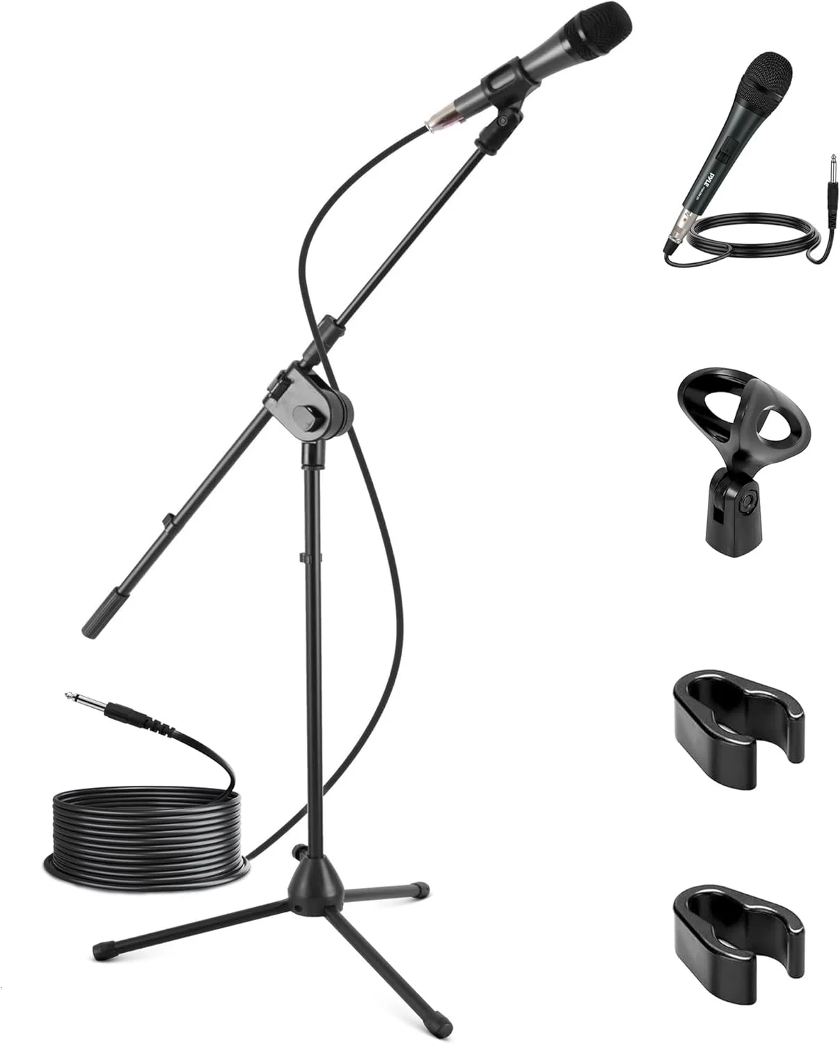 پایه میکروفون سه پایه ای پایل مدل PMKSM20، میکروفون دینامیک با فیلتر پاپ آکوستیک داخلی، ارتفاع قابل تنظیم 2.6 تا 5.1 فوت، بازوی بوم 7.48 اینچی، کابل XLR 15 فوتی، ساختار فولادی، مشکی