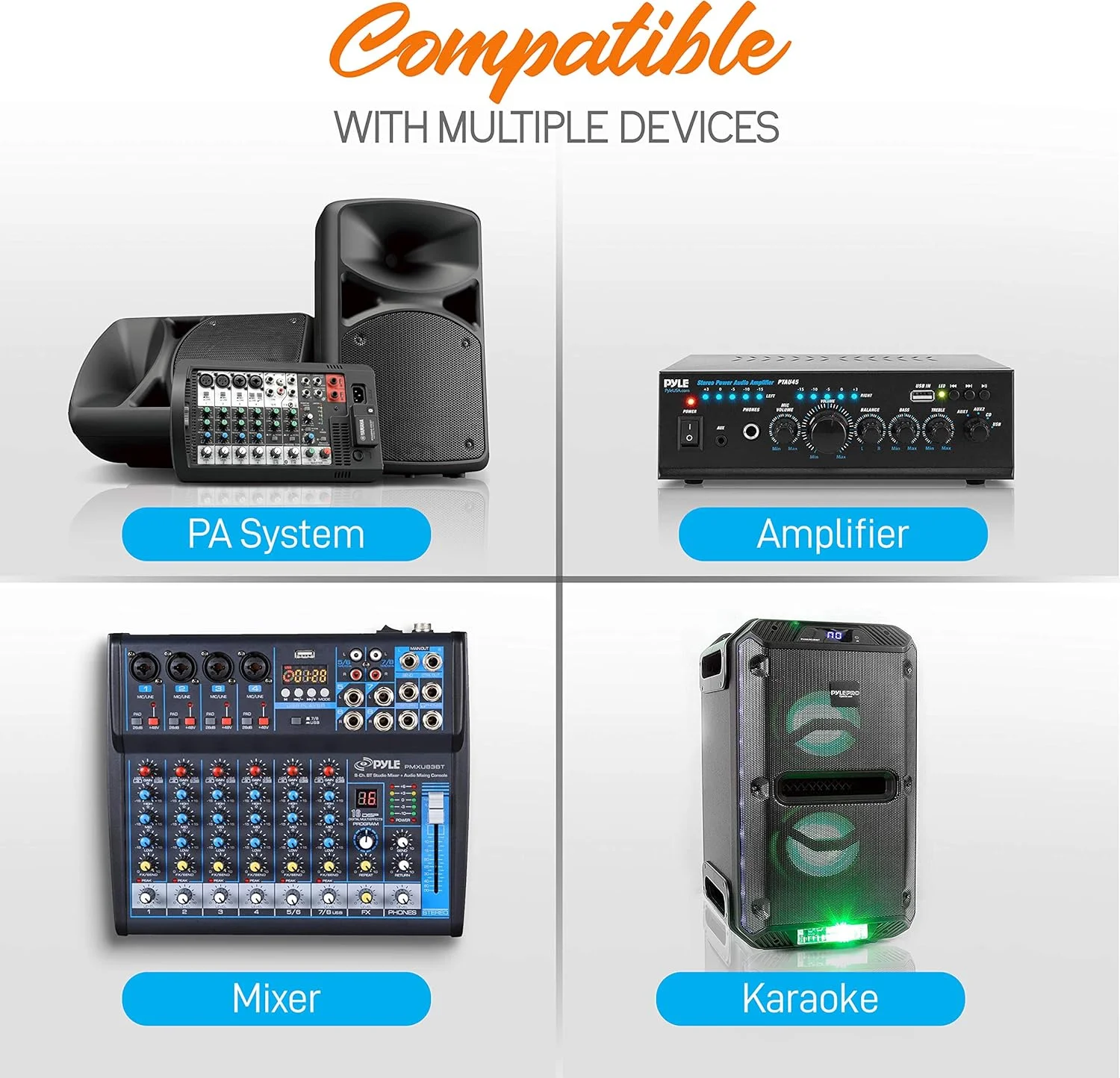 سیستم میکروفون بی سیم 4 کاناله - ست میکروفون صوتی VHF حرفه ای با جک های 1/4 اینچی، XLR - 4 هدست و 4 میکروفون یقه ای لاوالیر کلیپسی، 4 فرستنده، گیرنده - برای کارائوکه، PA، DJ - Pyle PDWM4400