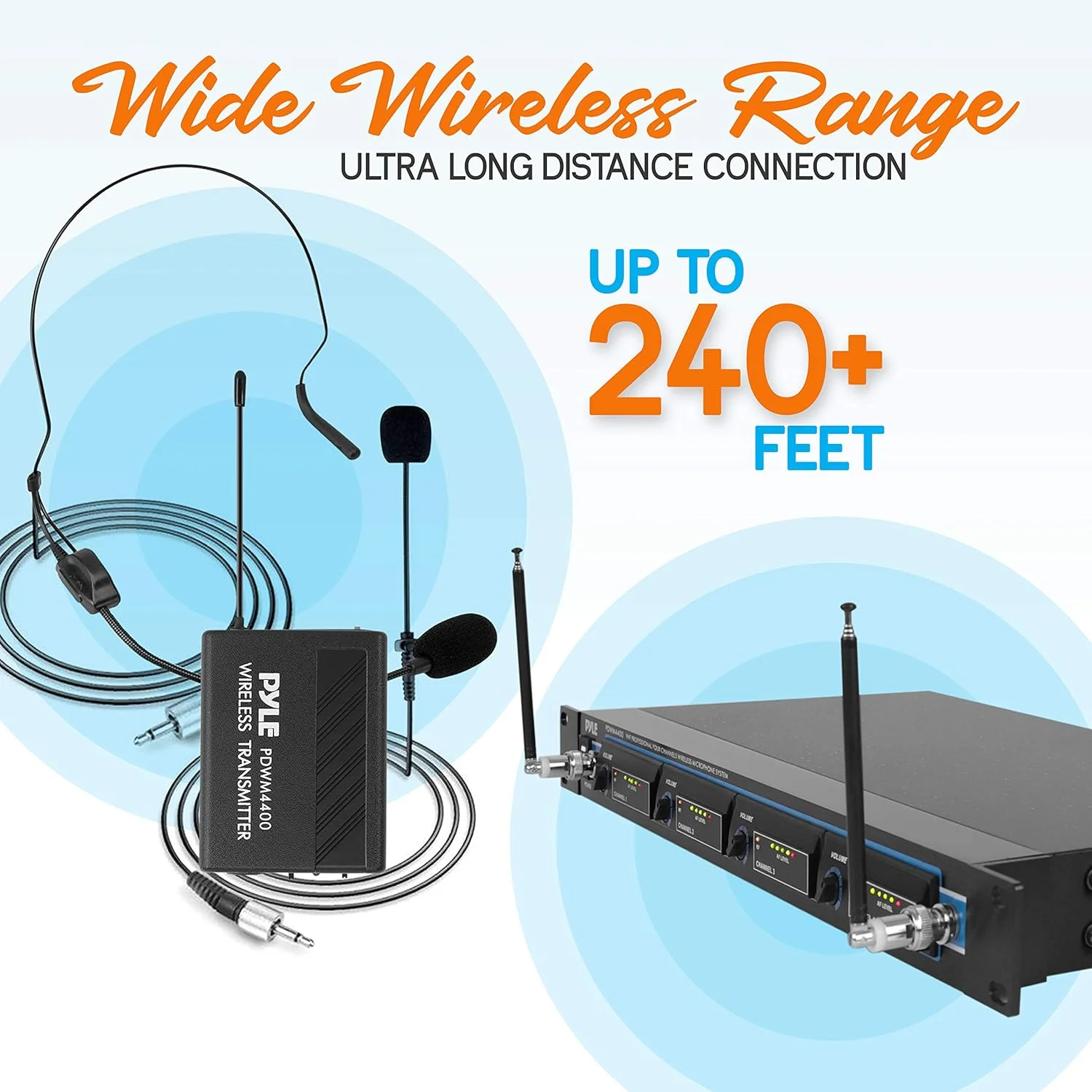 سیستم میکروفون بی سیم 4 کاناله - ست میکروفون صوتی VHF حرفه ای با جک های 1/4 اینچی، XLR - 4 هدست و 4 میکروفون یقه ای لاوالیر کلیپسی، 4 فرستنده، گیرنده - برای کارائوکه، PA، DJ - Pyle PDWM4400