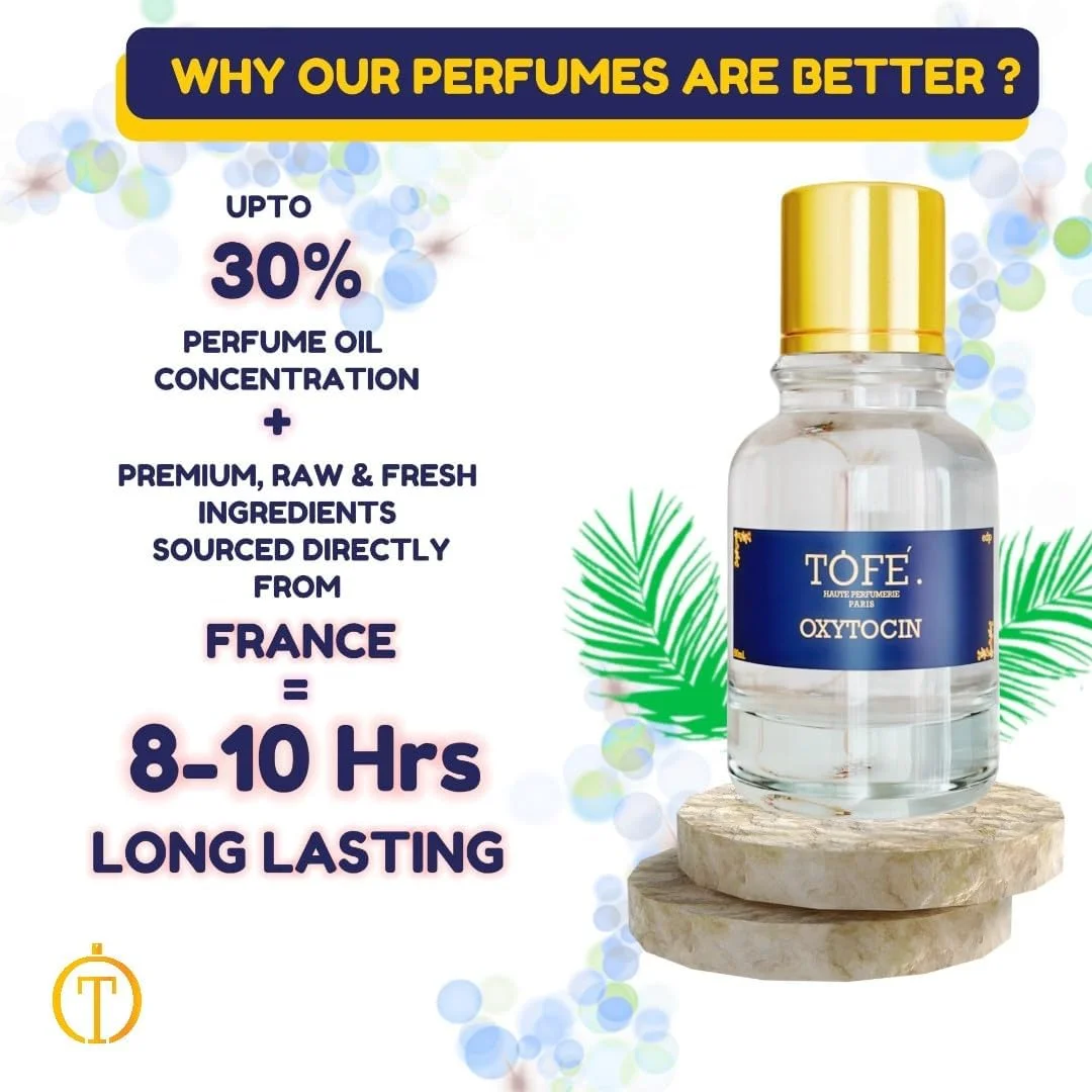 ادو پرفیوم زنانه اکسی توسین TOFE | عطر فرانسوی لوکس با ماندگاری طولانی | غلظت روغن 30% | رایحه های تازه یاس، رز و چوب صندل | عطر گلی ممتاز برای زنان | 50 میلی لیتر
