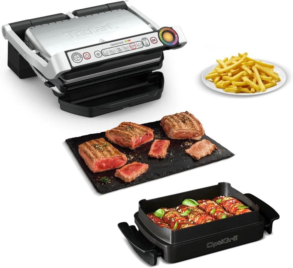 گریل تماسی و فر تفال OptiGrill & Bake به همراه سینی پخت، 6 برنامه، نمایشگر سطح پخت، صفحات جداشدنی، گریل برقی، استیل ضد زنگ، GC714D10، نقره ای