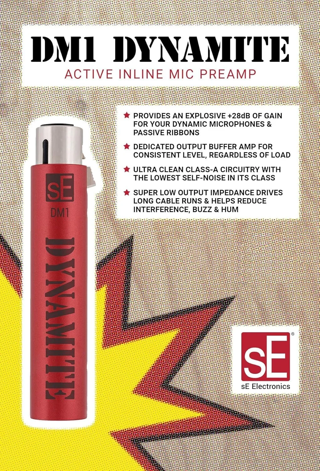 پری امپ میکروفون فعال sE Electronics DM1 Dynamite با افزایش 28dB به همراه 2 کابل میکروفون XLR 20 فوتی و بست کمربندی 7 عددی پری امپ میکروفون فعال sE Electronics DM1 Dynamite با افزایش 28dB به همراه 2 کابل میکروفون XLR 20 فوتی و بست کمربندی 7 عددی