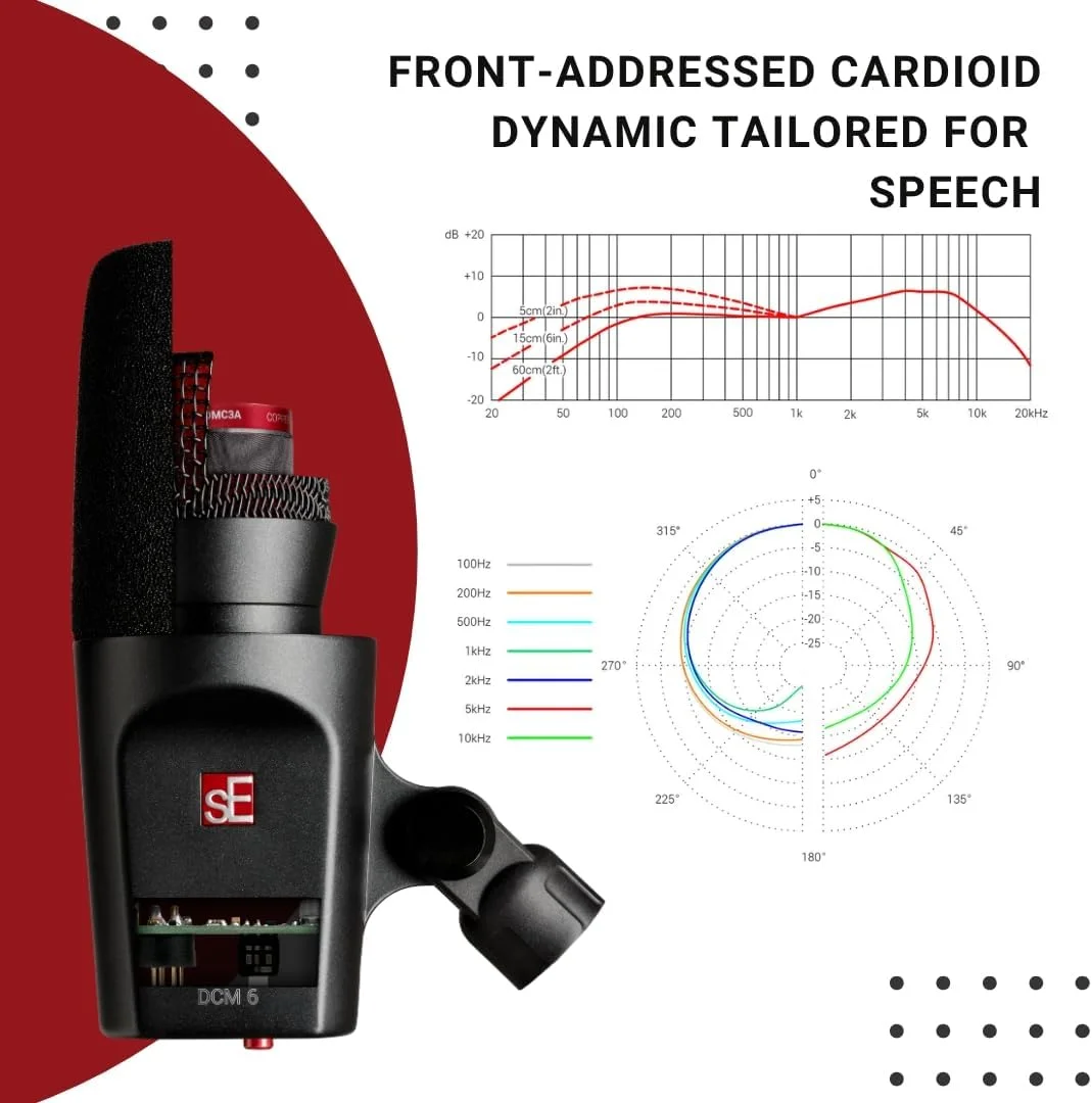 میکروفون دینامیک کاردیوئید فعال sE Electronics DCM6 با فناوری DYNAMITE، پاپ فیلتر و شوک مونت