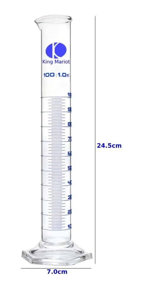 ست 2 عددی استوانه مدرج شیشه ای سنگین King Mariot Medical Equipments، ظرفیت 100 میلی لیتر، شیشه بوروسیلیکات 3.3 درجه بالا برای لوازم آزمایشگاهی زیست شناسی شیمی