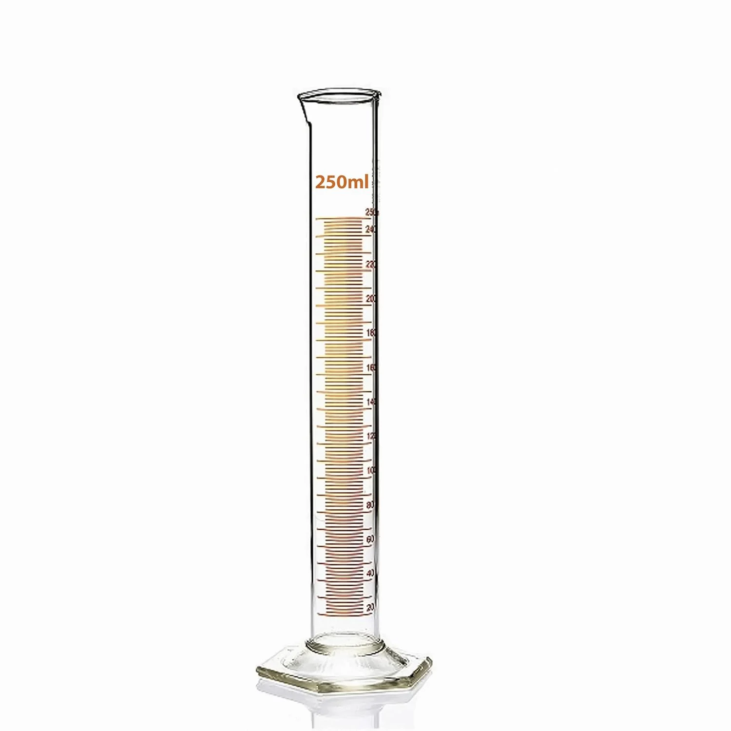 استوانه مدرج شیشه ای سنگین 250 میلی لیتری King Mariot Medical Equipments، شیشه بوروسیلیکات 3.3 درجه بالا برای آزمایشگاه زیست شناسی شیمی