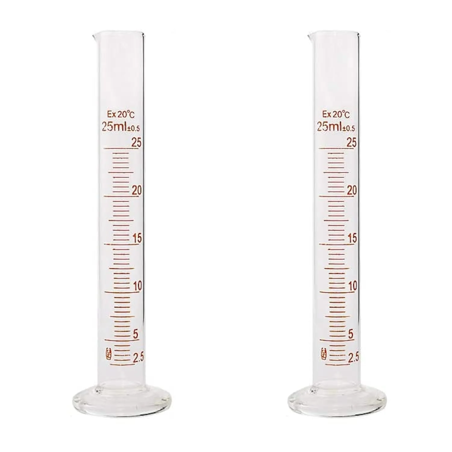 ست 2 عددی استوانه مدرج شیشه ای سنگین 25 میلی لیتری King Mariot Medical Equipments، ساخته شده از شیشه بوروسیلیکات 3.3 درجه بالا برای آزمایشگاه های زیست شناسی و شیمی