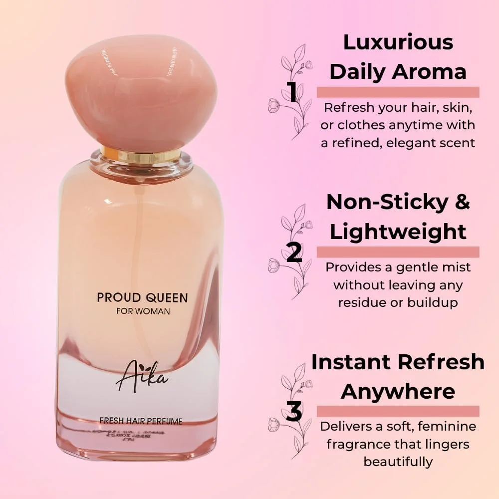 عطر زنانه آیکا مدل Proud Queen حجم 50 میلی لیتر، عطر ماندگار برای بدن و مو، عطر بدون الکل با رایحه هلو، رز و مشک