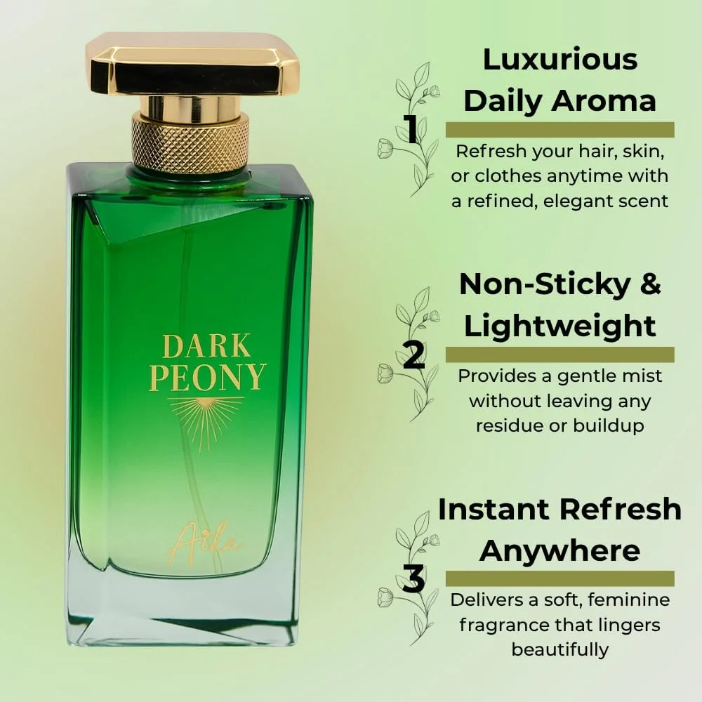 عطر زنانه آیکا مدل Dark Peony حجم 80 میلی لیتر، عطر ماندگار برای بدن و مو، عطر بدون الکل با رایحه گل صد تومانی، انگور فرنگی سیاه و نعناع هندی