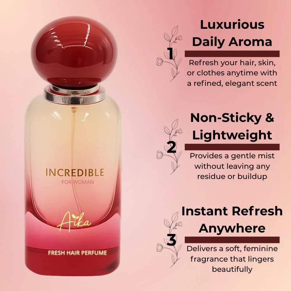 عطر زنانه آیکا مدل Incredible حجم 50 میلی لیتر، عطر ماندگار برای بدن و مو، عطر بدون الکل با رایحه زعفران، چوب عنبر و یاسمن، ترکیبی شرقی