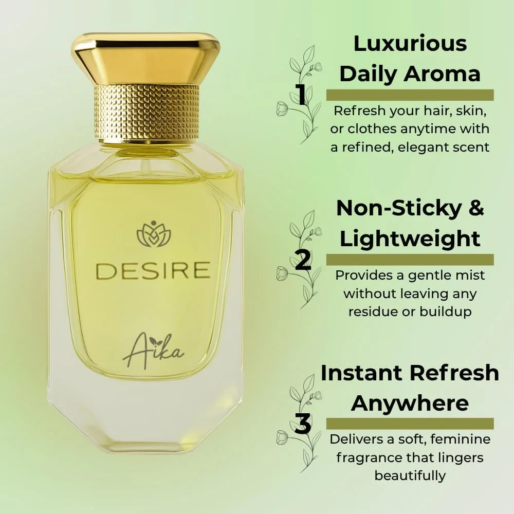 عطر زنانه آیکا مدل Desire حجم 80 میلی لیتر، عطر ماندگار برای بدن و مو، عطر بدون الکل با رایحه لیمو آمالفی، انگور فرنگی سیاه و یاس، ترکیبی از مرکبات و گل ها