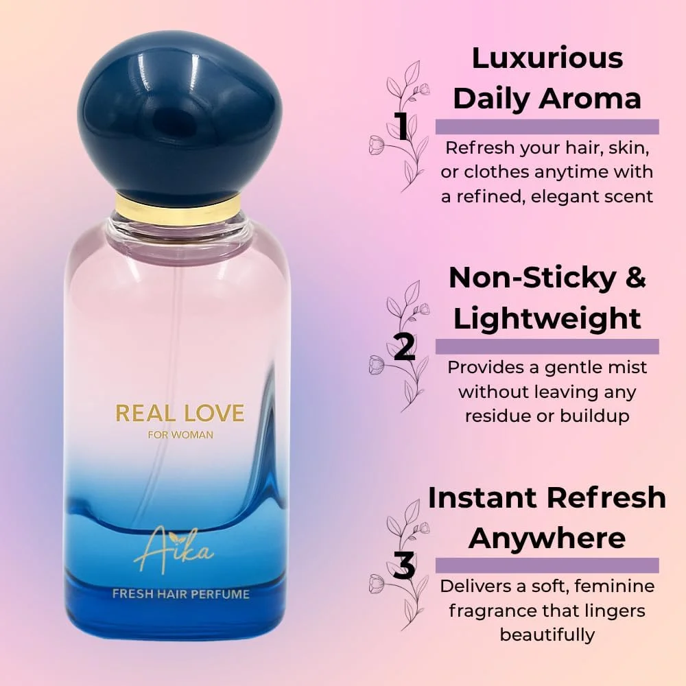 عطر زنانه آیکا مدل Real Love حجم 50 میلی لیتر، عطر ماندگار برای بدن و مو، عطر بدون الکل با رایحه شکوفه پرتقال، ترنج و گل مریم