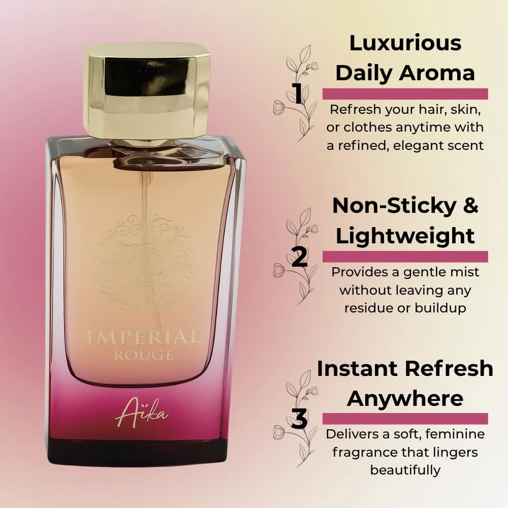 عطر زنانه آیکا مدل Imperial Rouge حجم 80 میلی لیتر، عطر ماندگار برای بدن و مو، عطر بدون الکل با رایحه زعفران، گل رز و چوب عنبر، ترکیبی از گل و ادویه