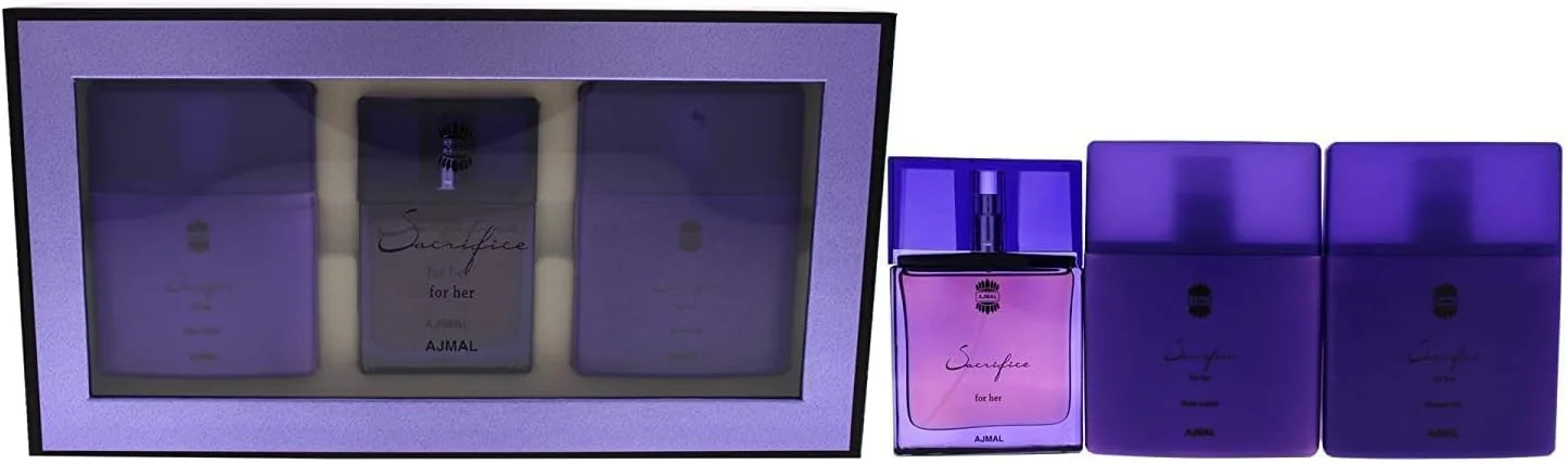ست هدیه 3 تکه زنانه اجمل ساکریفایس شامل ادو پرفیوم 50 میلی لیتری، ژل دوش 225 میلی لیتری و لوسیون بدن 225 میلی لیتری