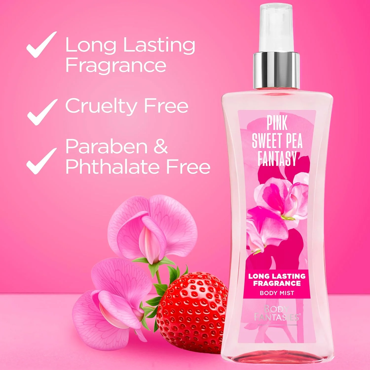 اسپری بدن زنانه بادی فانتزیز مدل Pink Sweet Pea Fantasy با رایحه گل نخود شیرین، 236 میلی لیتر