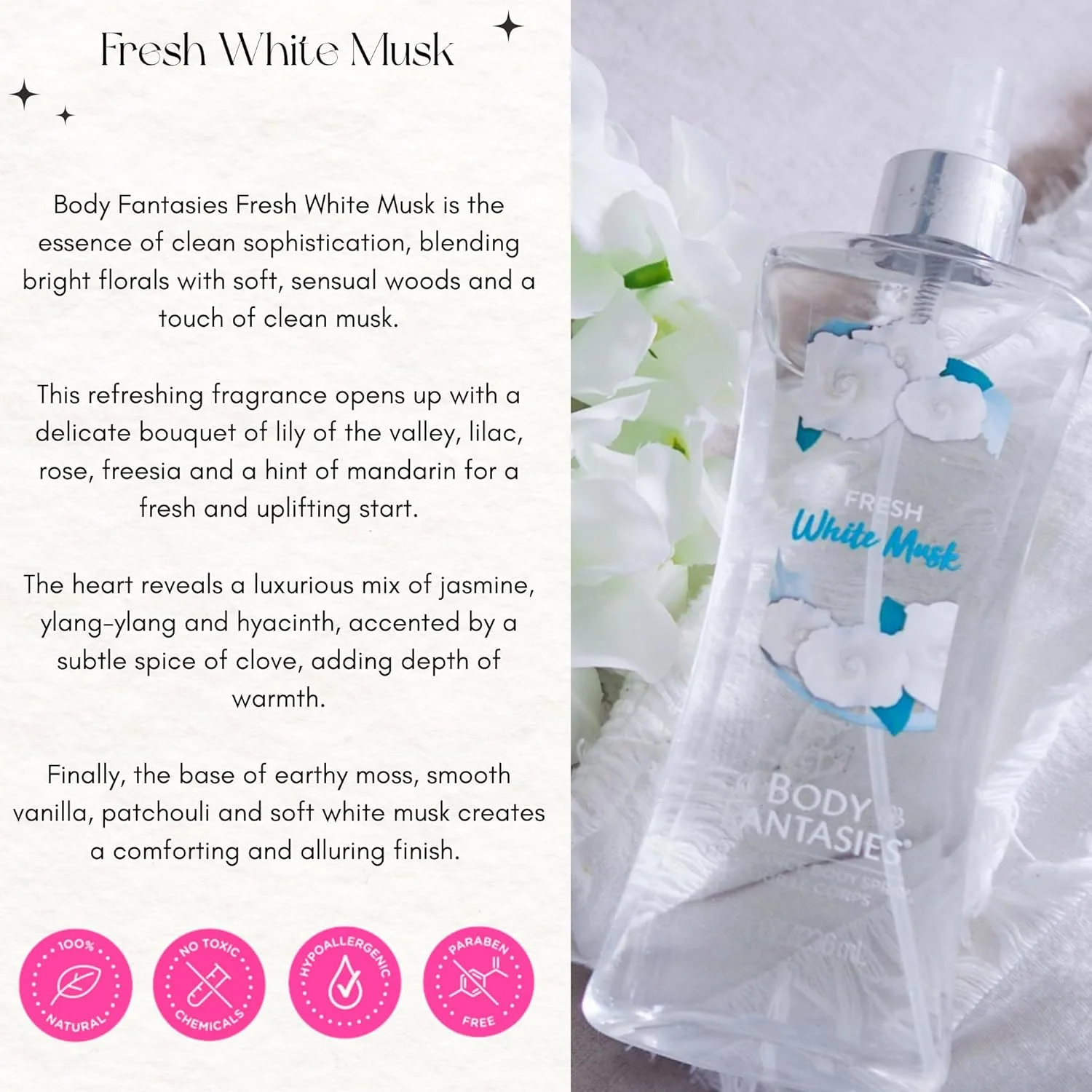 اسپری بدن بادی فانتاسیز، مشک سفید، 94 میلی لیتر اسپری بدن بادی فانتاسیز، مشک سفید، 94 میلی لیتر