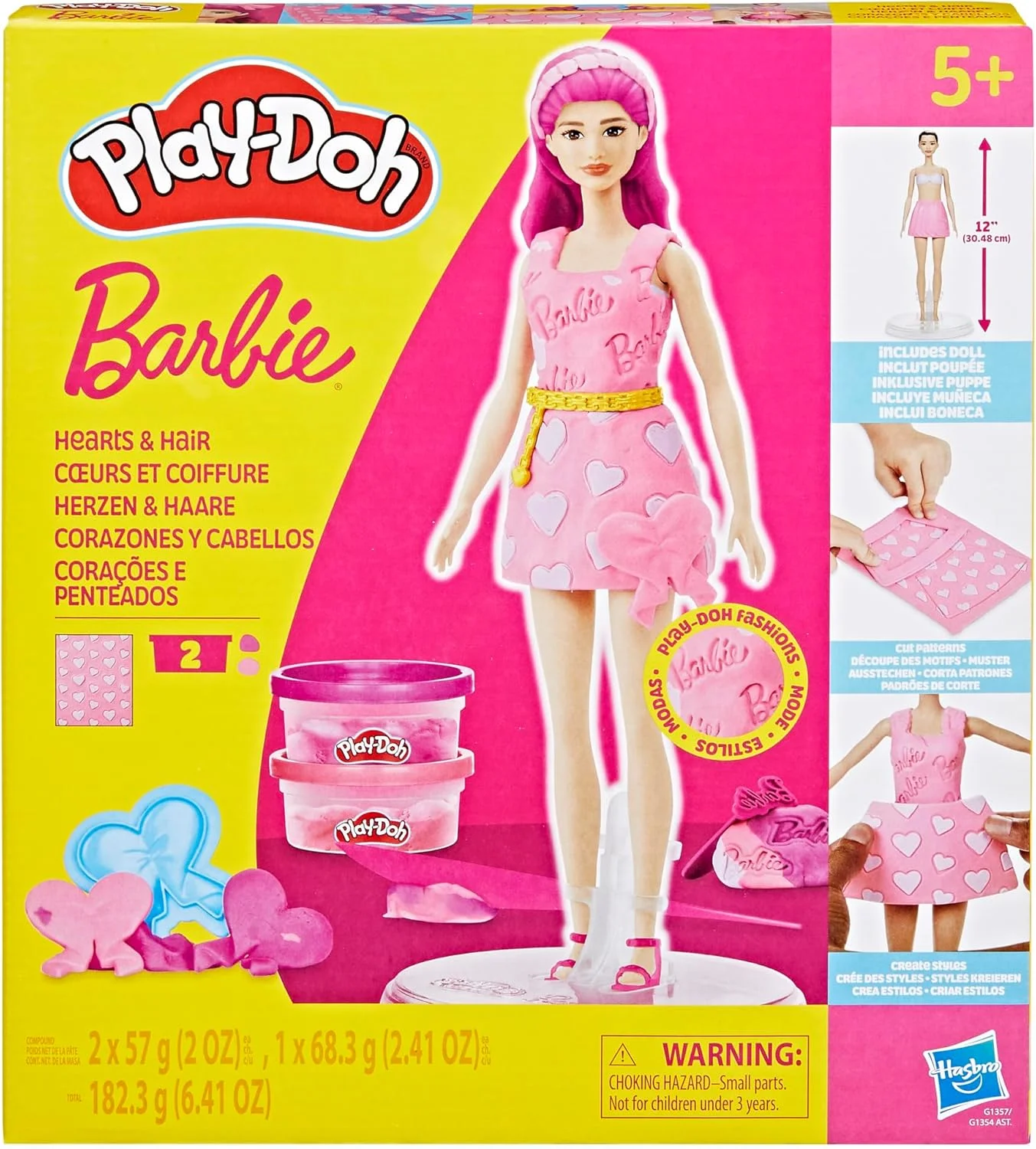 مجموعه Play-Doh Barbie Hearts and Hair، ساخت لباس عروسک با خمیر بازی و 10 لوازم جانبی مد، هنر و صنایع دستی برای دختران و پسران 5 سال به بالا
