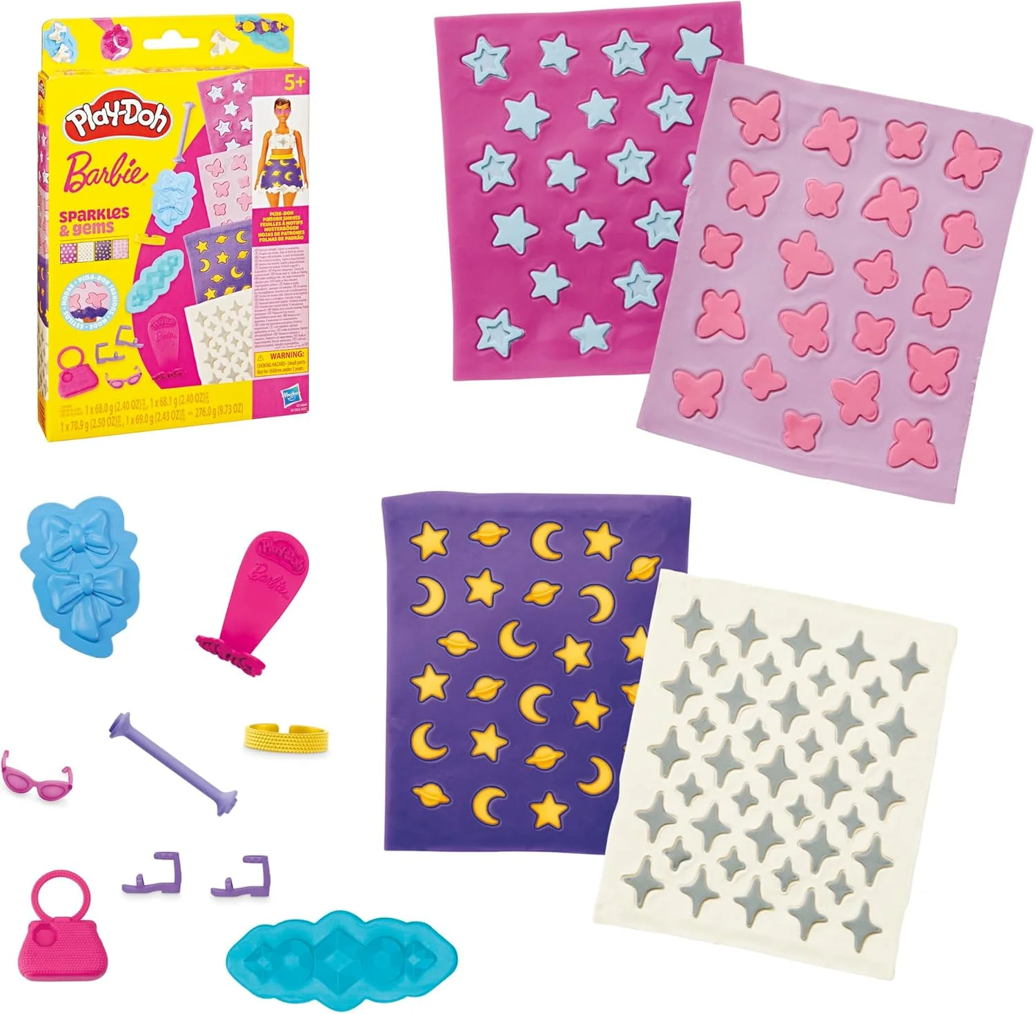 مجموعه لوازم جانبی Play-Doh Barbie Sparkles and Gems، 4 برگه طرح دار برای پر کردن مجدد خمیر بازی، 8 اکسسوری مد، هنر و کاردستی کودکان برای سنین 5 سال به بالا (عروسک شامل نمی شود)