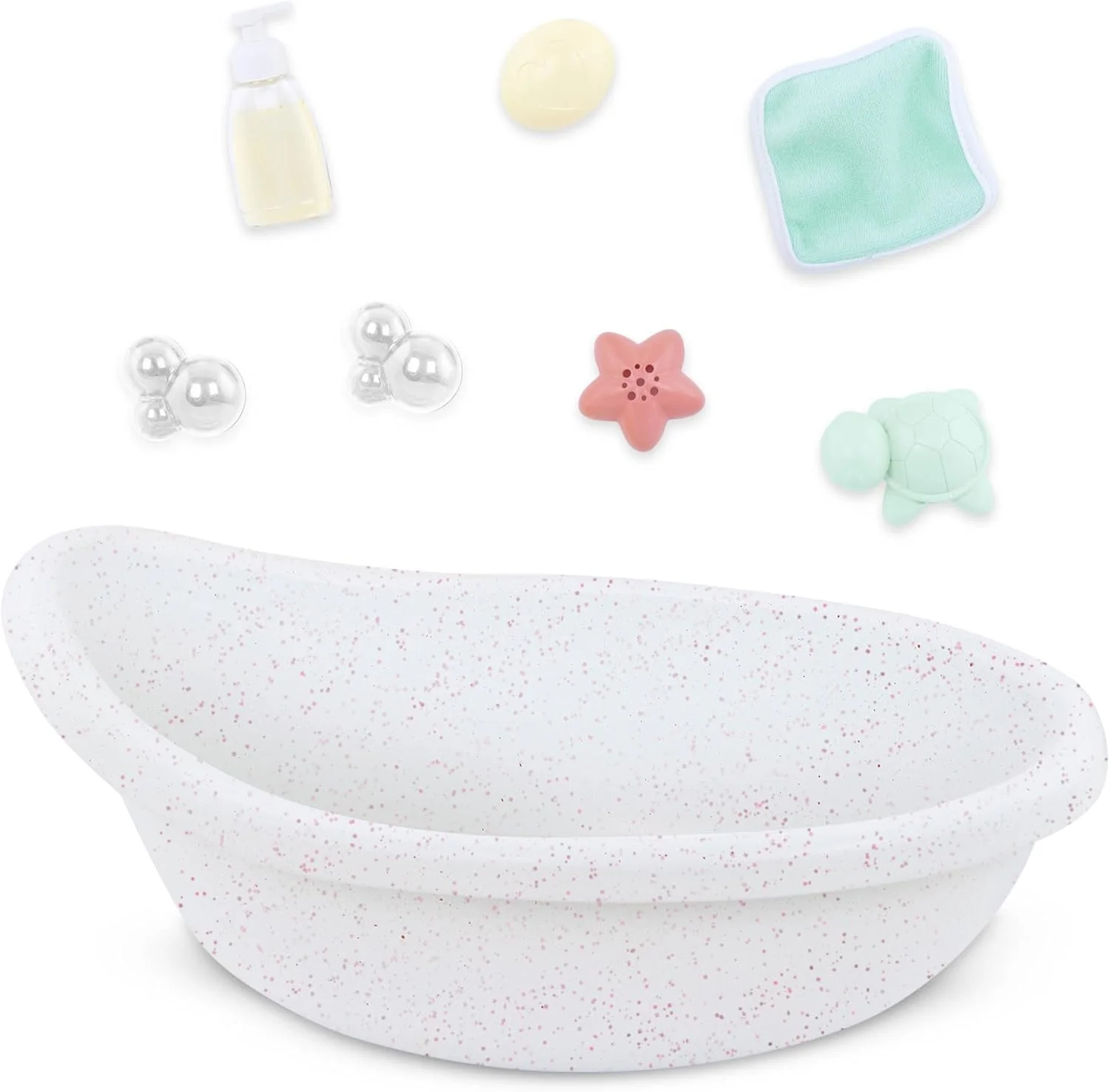 ست وان عروسک LullaBaby LBY7665Z، وان عروسک 36 سانتی متری، دستمال شستشو، صابون، حباب صابون - لوازم جانبی عروسک بچه - اسباب بازی برای کودکان از 2 سال به بالا - اسباب بازی حمام، چند رنگ، کوچک