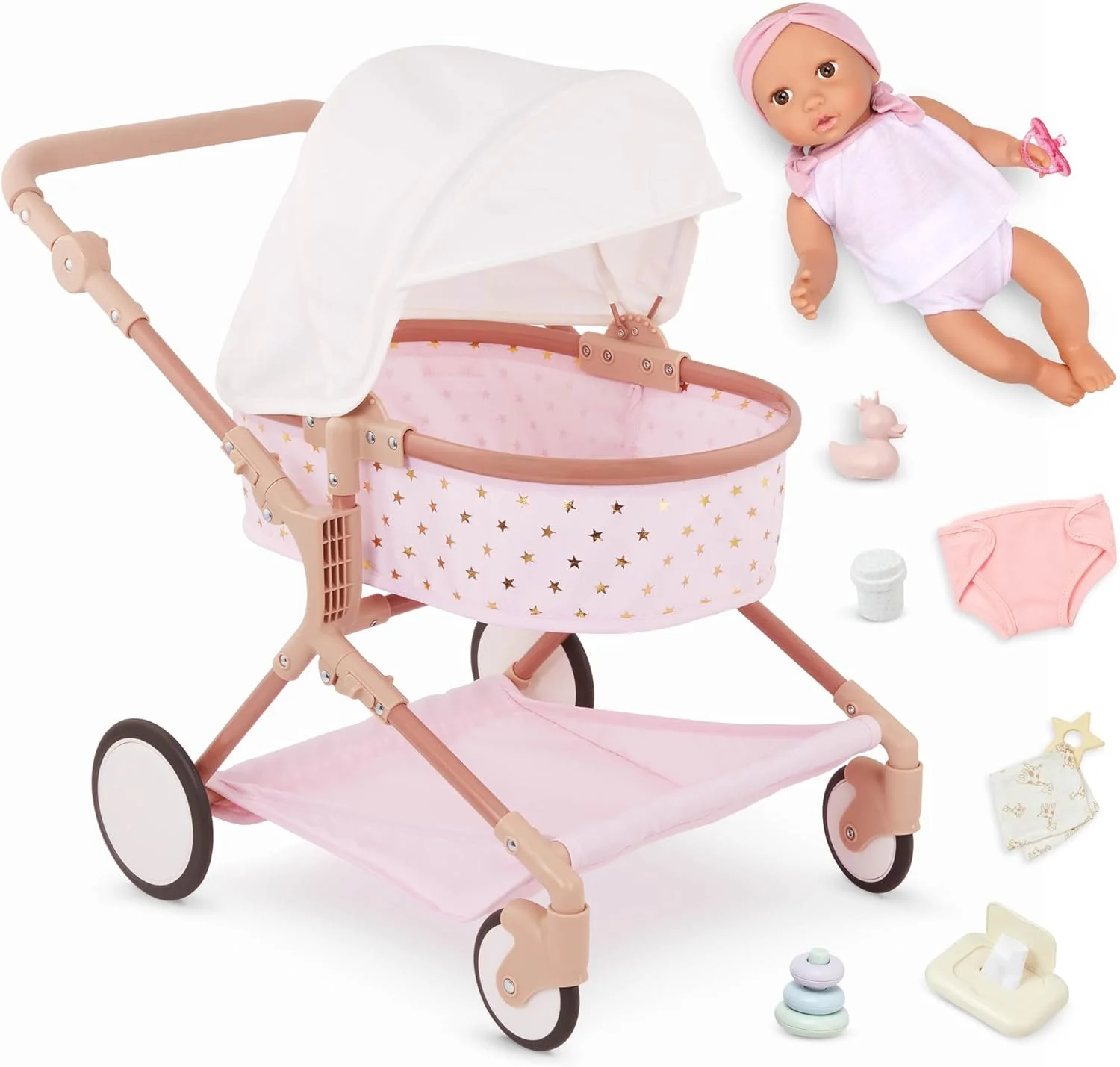 LullaBaby - ست لوازم جانبی کالسکه دوقلو و عروسک - سایبان تاشو و سبد ذخیره سازی - طرح ستاره های صورتی و طلایی - بازی خیالی - اسباب بازی برای کودکان 2 سال به بالا - ست کالسکه دوقلو عروسک