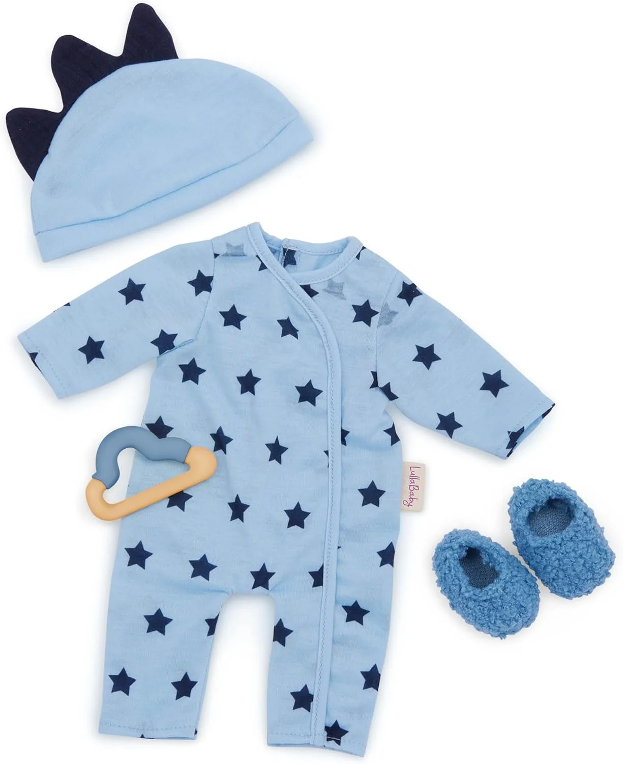 LullaBaby – ست لباس عروسک 14 اینچی – لباس خواب سرهمی – کلاه با خارهای نرم سه بعدی، دندان گیر، دمپایی های فازی – بازی تخیلی – اسباب بازی برای کودکان 2 سال به بالا – لباس خواب عروسک