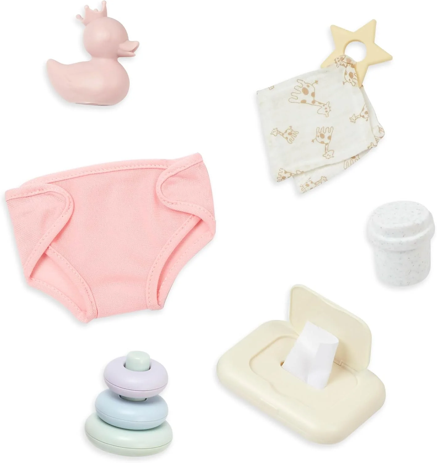 ست تعویض 9 تکه عروسک نوزاد LullaBaby - پوشک، دستمال مرطوب کودک و حلقه های چیدنی - لوازم جانبی عروسک نوزاد 14 اینچی - بازی خیالی - اسباب بازی برای کودکان 2 سال به بالا - ست بازی و مراقبت از عروسک نوزاد