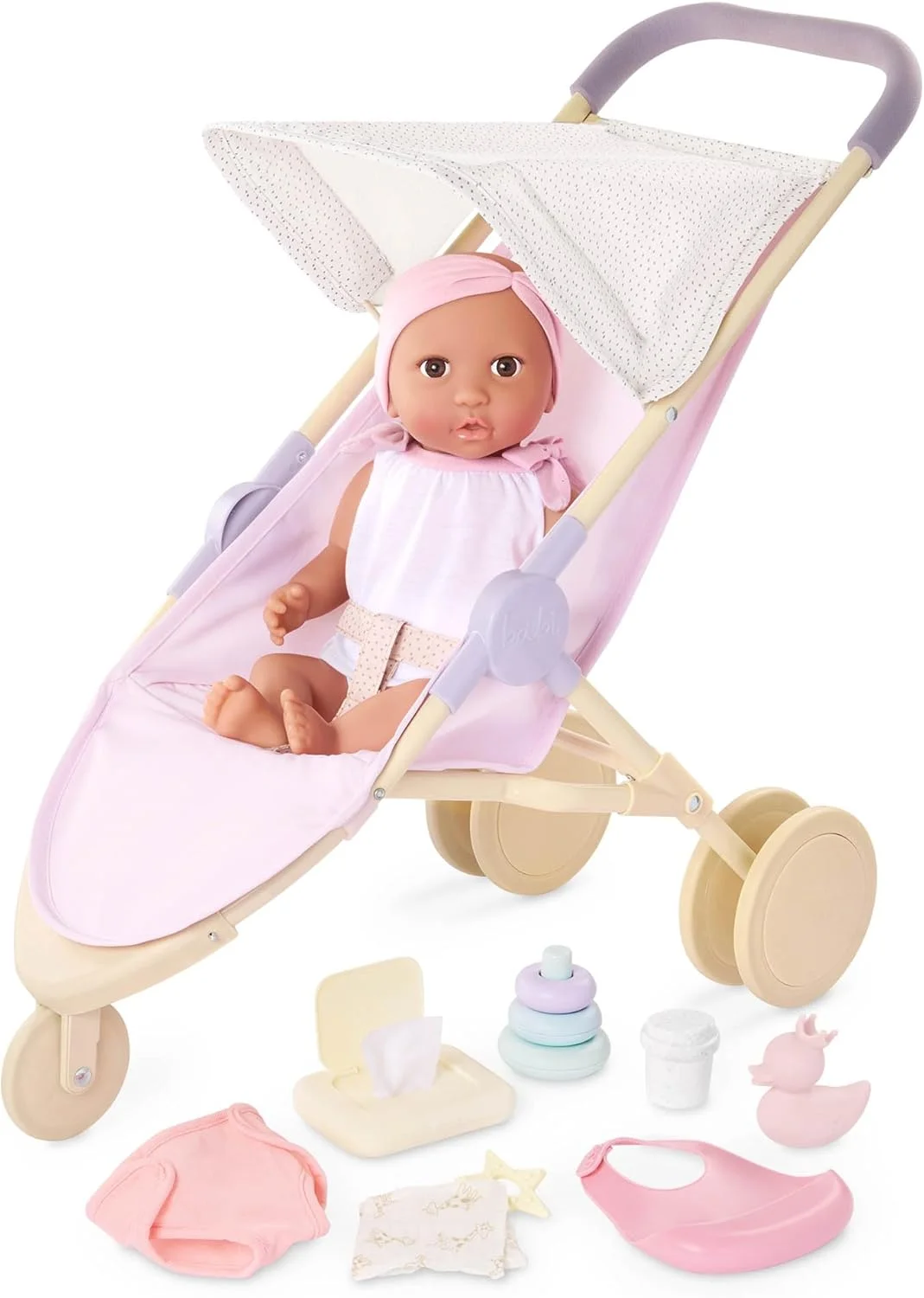 LullaBaby - عروسک نوزاد واقعی 14 اینچی - بسته لوازم جانبی پوشک و مراقبت - چشمان قهوه ای و بدن نرم - اسباب بازی های بازی خیالی - مناسب برای کودکان 2 سال به بالا - ست عروسک نوزاد و کالسکه دویدن