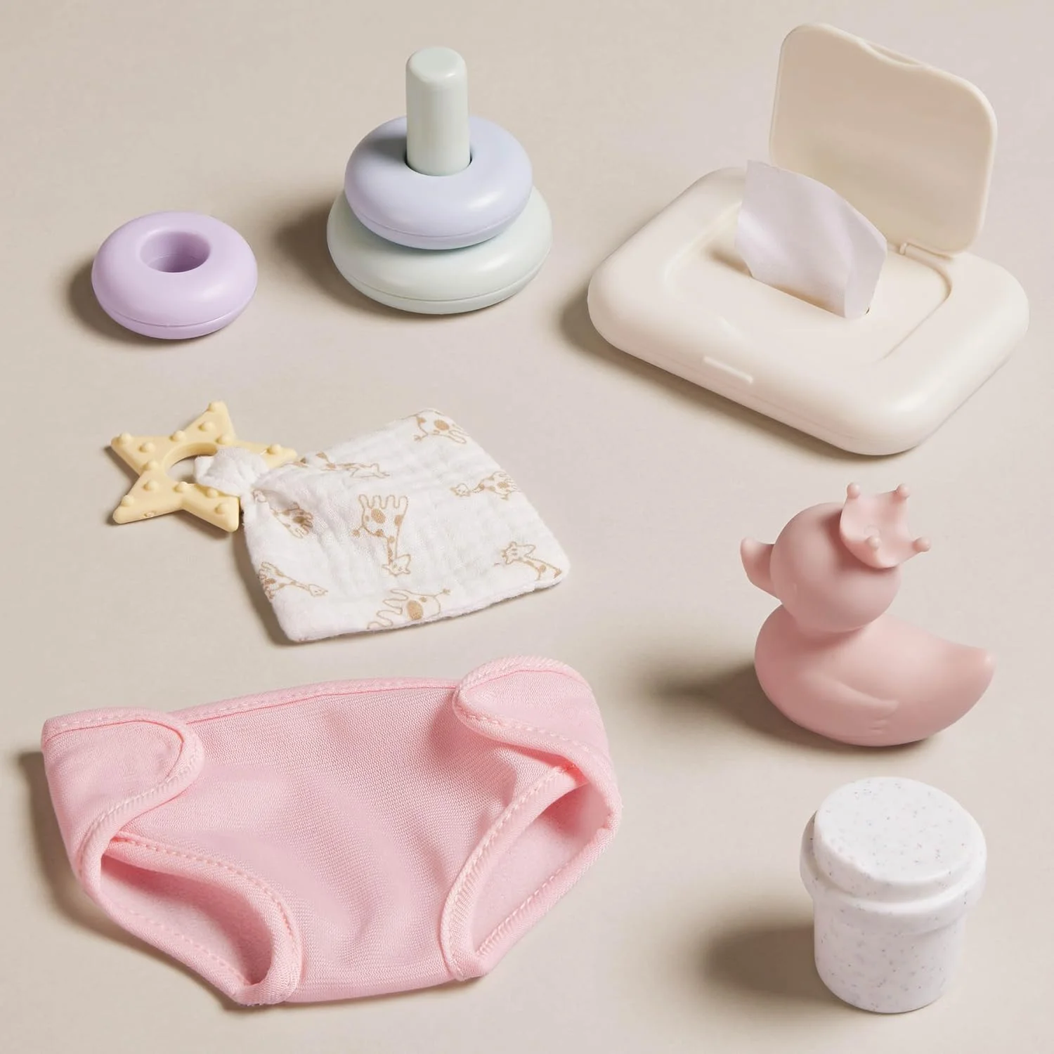 ست تعویض 9 تکه عروسک نوزاد LullaBaby - پوشک، دستمال مرطوب کودک و حلقه های چیدنی - لوازم جانبی عروسک نوزاد 14 اینچی - بازی خیالی - اسباب بازی برای کودکان 2 سال به بالا - ست بازی و مراقبت از عروسک نوزاد