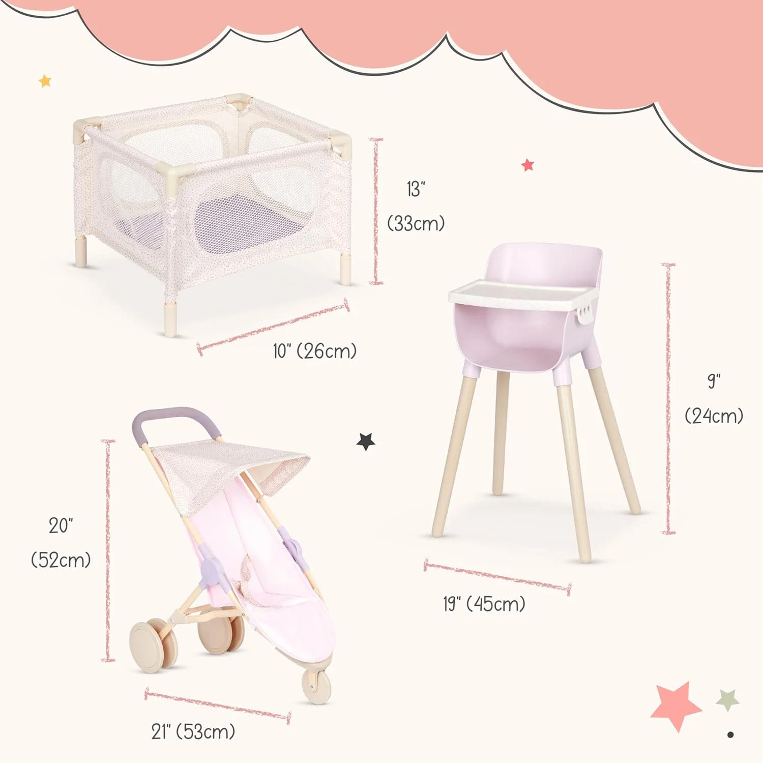 LullaBaby - عروسک نوزاد واقعی 35 سانتی متری - رنگ پوست روشن و چشمان آبی - ست پارک بازی عروسک، صندلی غذا و کالسکه دوندگی - بازی خیالی - اسباب بازی برای کودکان 2 سال به بالا - عروسک نوزاد و مجموعه بازی مهد کودک