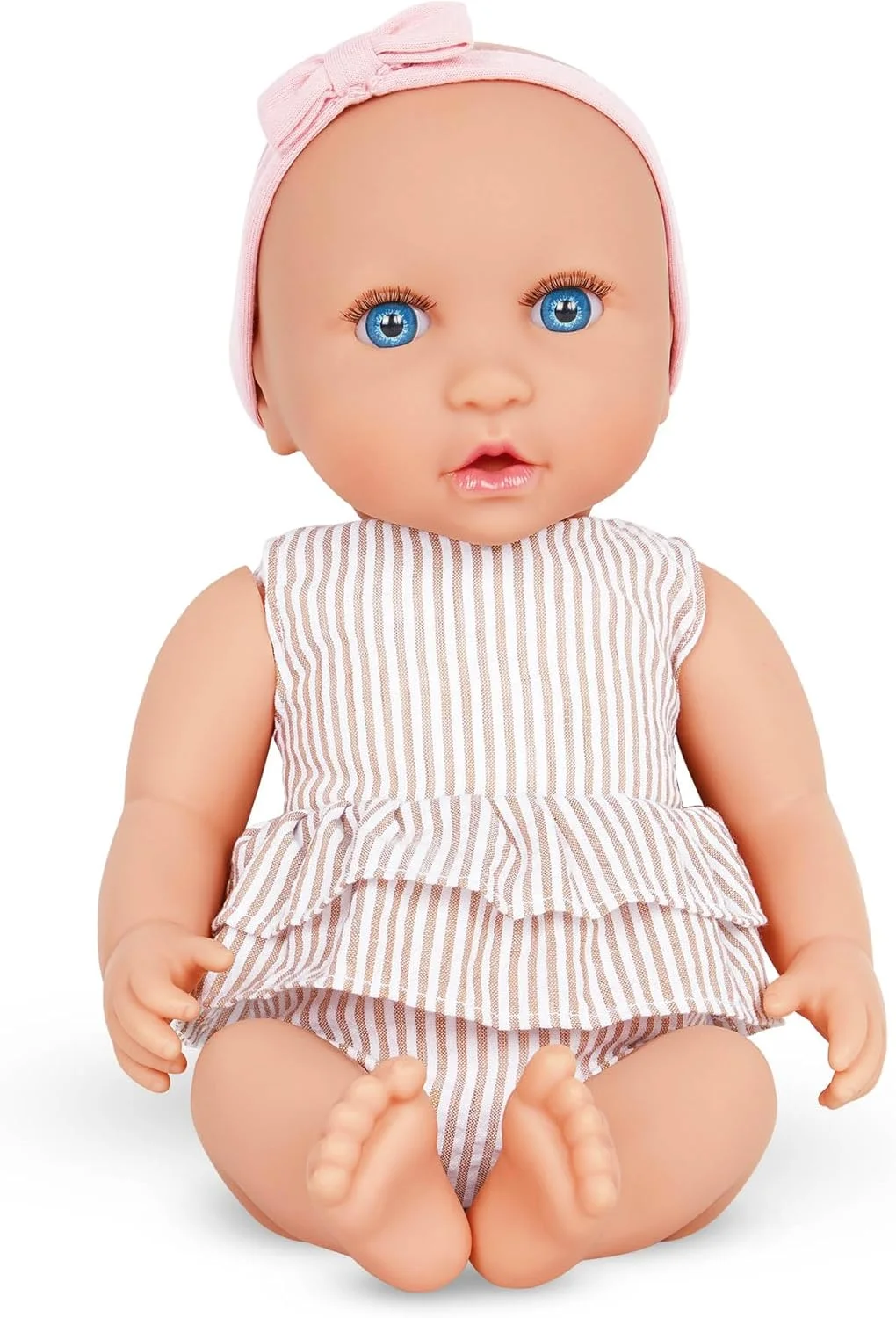 LullaBaby - عروسک نوزاد واقعی 35 سانتی متری - رنگ پوست روشن و چشمان آبی - ست پارک بازی عروسک، صندلی غذا و کالسکه دوندگی - بازی خیالی - اسباب بازی برای کودکان 2 سال به بالا - عروسک نوزاد و مجموعه بازی مهد کودک