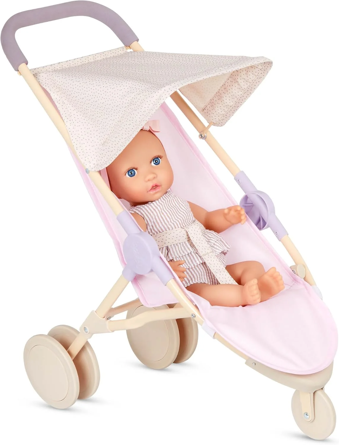 LullaBaby - عروسک نوزاد واقعی 35 سانتی متری - رنگ پوست روشن و چشمان آبی - ست پارک بازی عروسک، صندلی غذا و کالسکه دوندگی - بازی خیالی - اسباب بازی برای کودکان 2 سال به بالا - عروسک نوزاد و مجموعه بازی مهد کودک