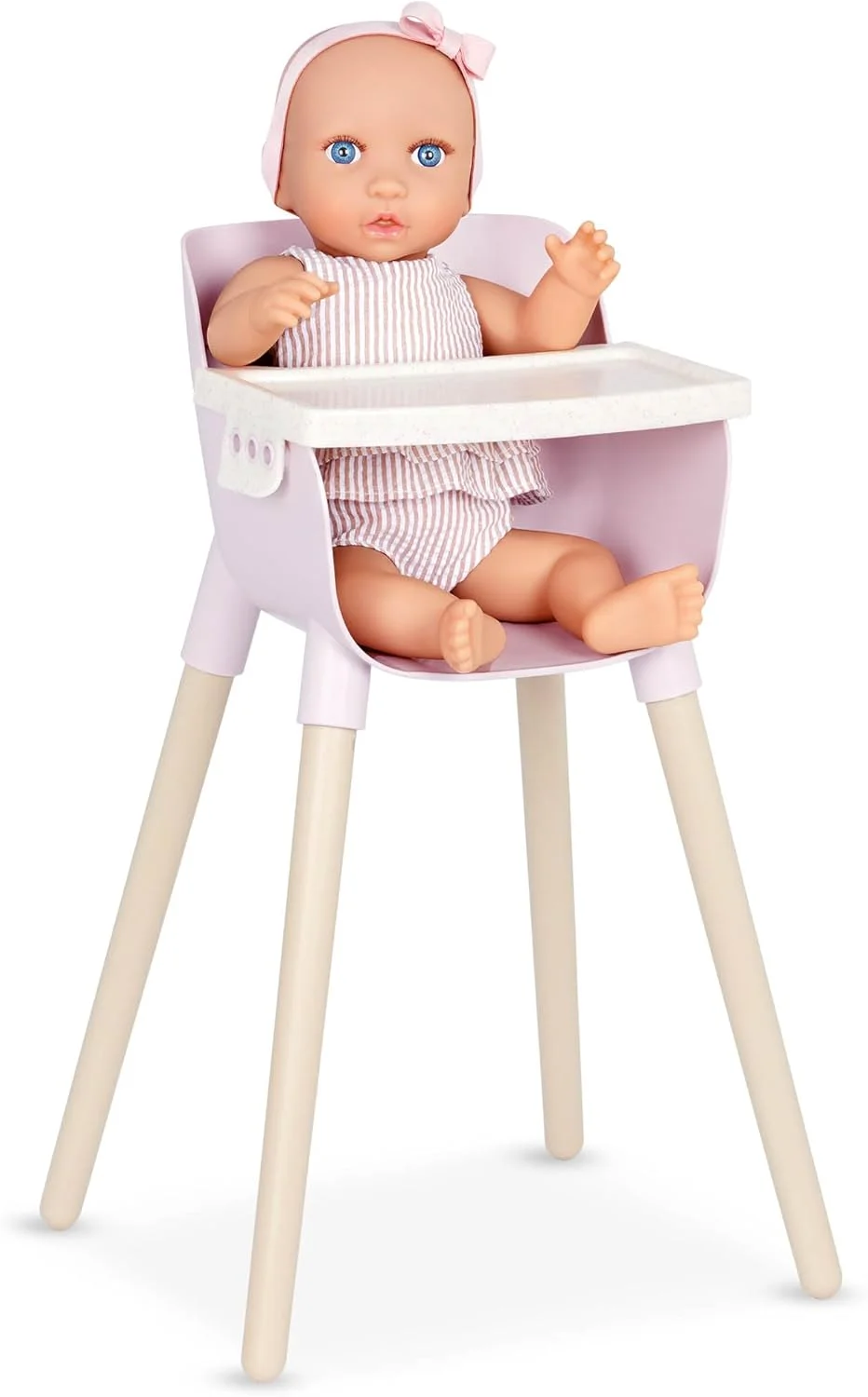 LullaBaby - عروسک نوزاد واقعی 35 سانتی متری - رنگ پوست روشن و چشمان آبی - ست پارک بازی عروسک، صندلی غذا و کالسکه دوندگی - بازی خیالی - اسباب بازی برای کودکان 2 سال به بالا - عروسک نوزاد و مجموعه بازی مهد کودک