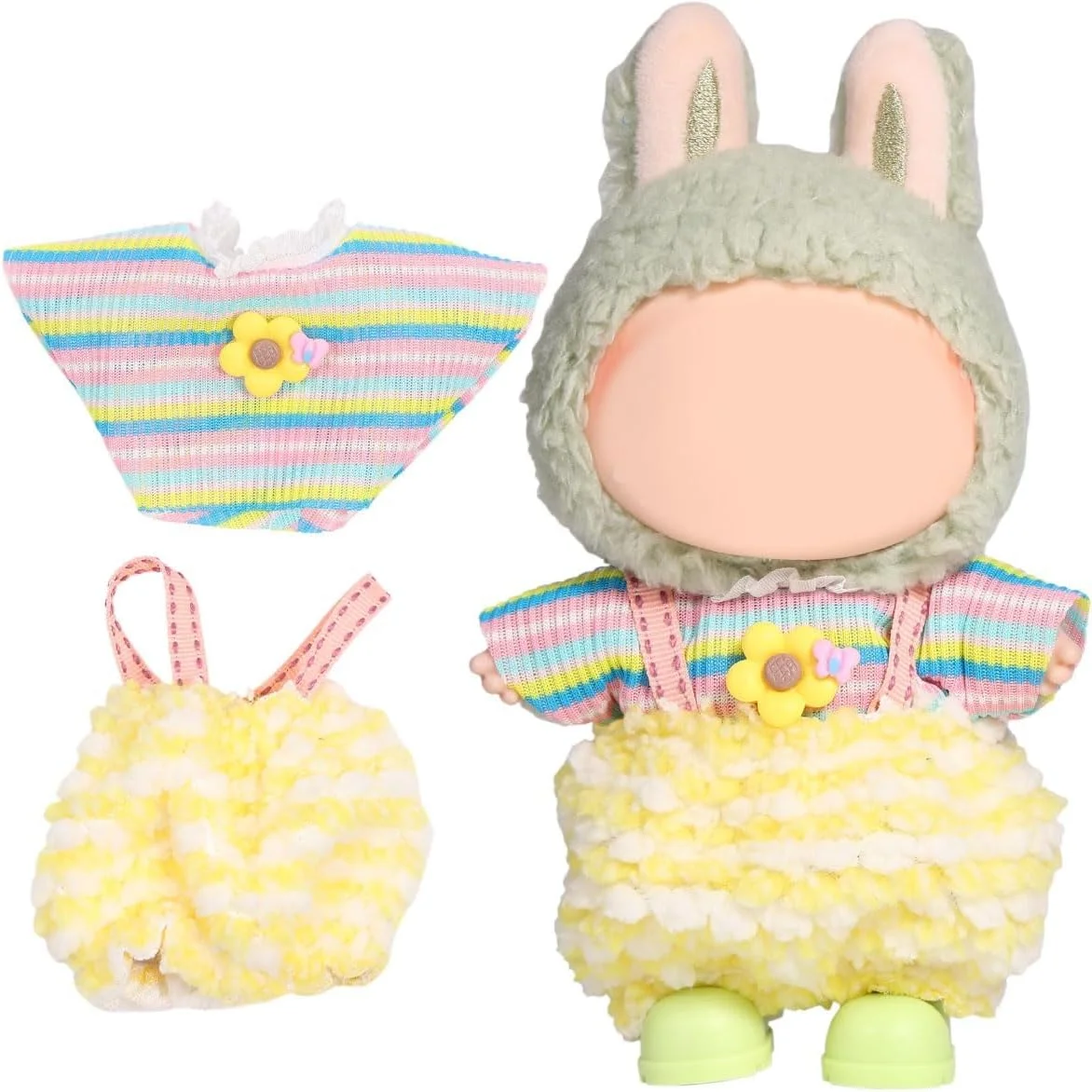 ست لباس بافتنی دست‌ساز KASTWAVE برای عروسک لابوبو 17 سانتی‌متری - شامل تاپ، دامن سرهمی و کفش، لوازم جانبی مد عروسک با نخ درجه یک (عروسک شامل نمی‌شود)