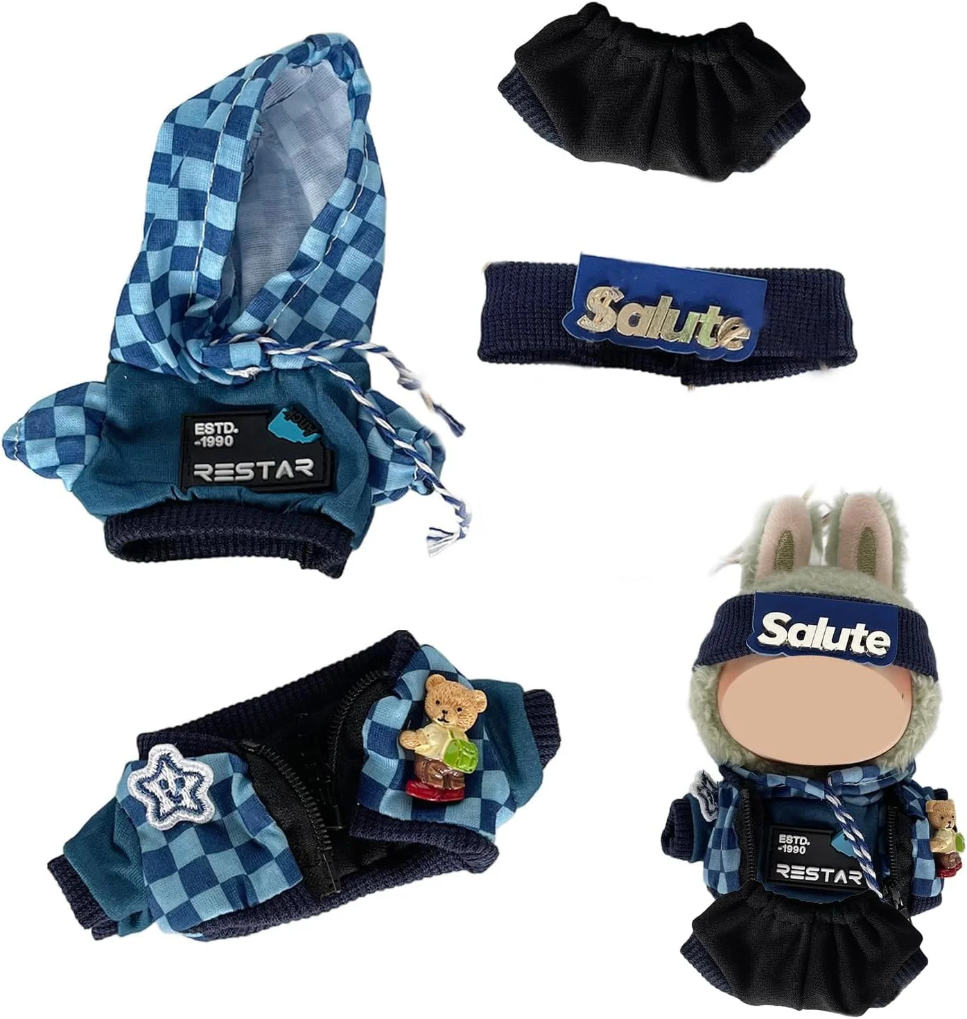 ست لباس عروسک لابوبو، شامل 4 تکه کلاه، هودی، تاپ و شلوار - استایل کژوال و جذاب برای عروسک های 17 سانتی متری (عروسک شامل نمی شود)