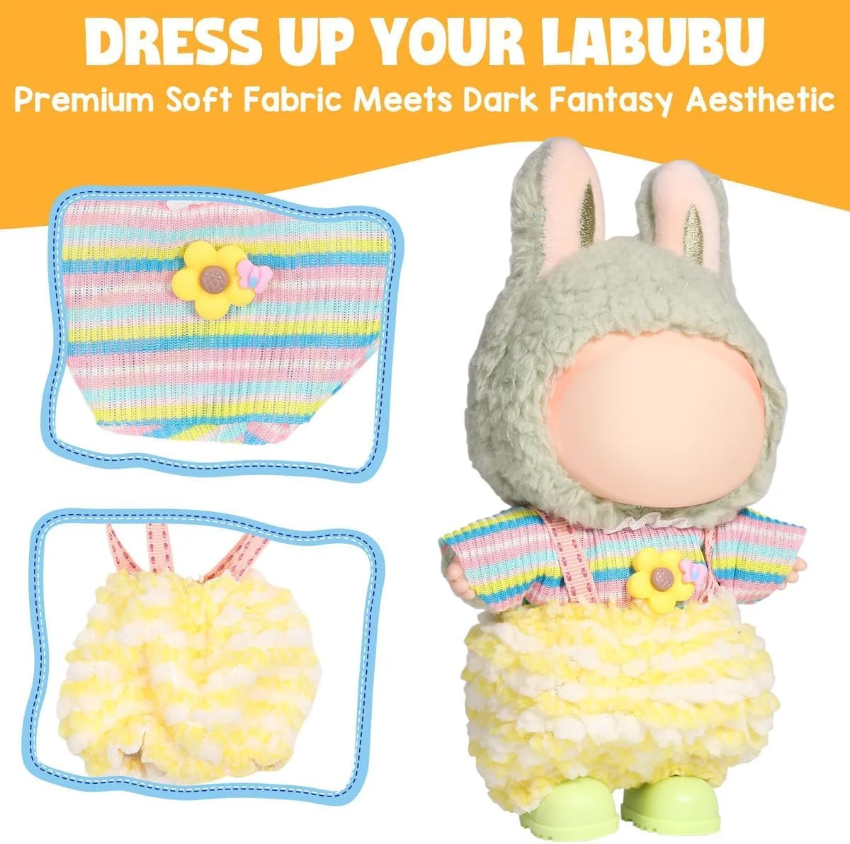 ست لباس بافتنی دست‌ساز KASTWAVE برای عروسک لابوبو 17 سانتی‌متری - شامل تاپ، دامن سرهمی و کفش، لوازم جانبی مد عروسک با نخ درجه یک (عروسک شامل نمی‌شود)