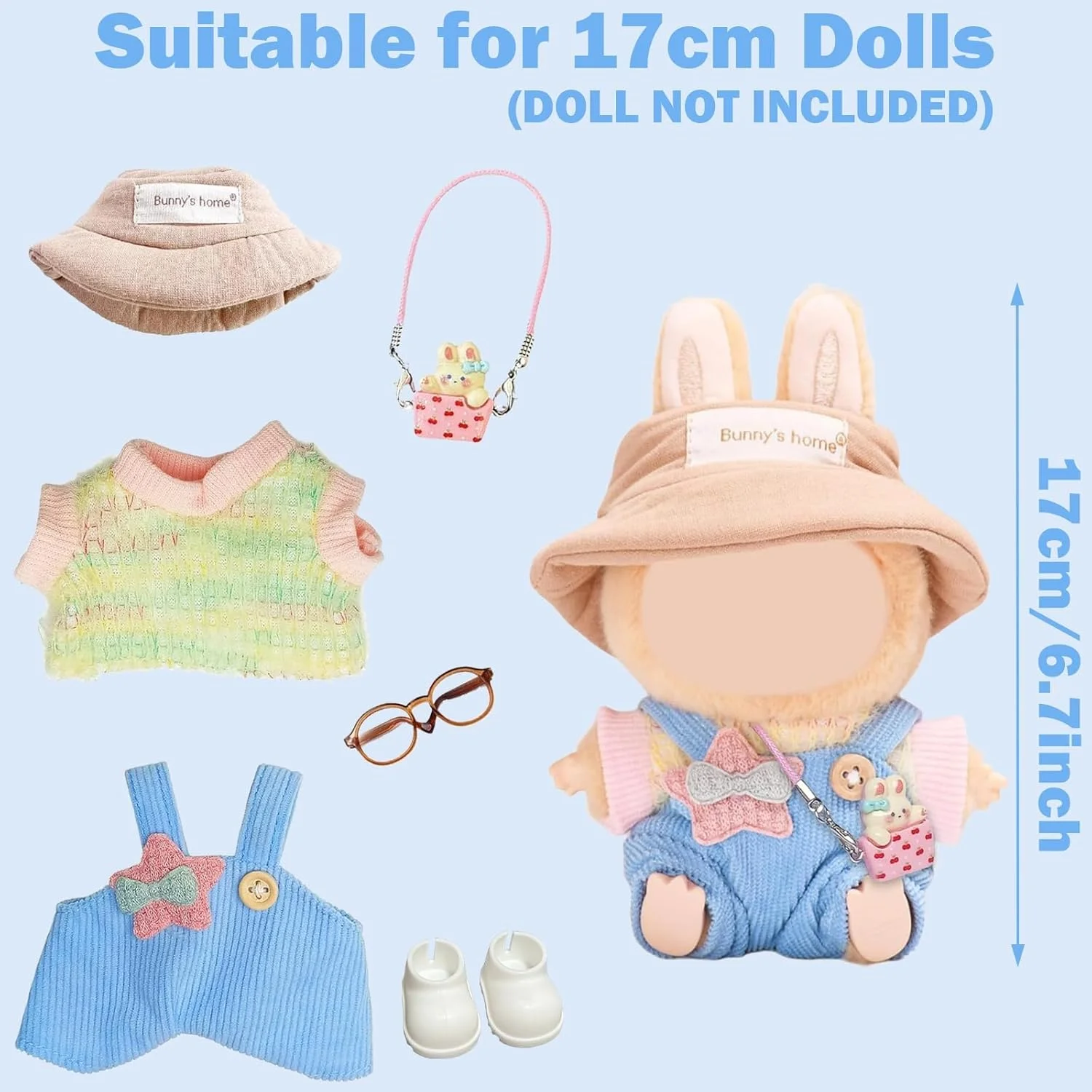 ست لباس 6 تکه عروسک برای عروسک های پولیشی مینی لابوبو 17 سانتی متری - پیراهن آستین کوتاه رنگارنگ، سرهمی، کلاه ستاره پنج پر، عینک، آویز خرگوش و کفش - هدیه برای دختران و پسران