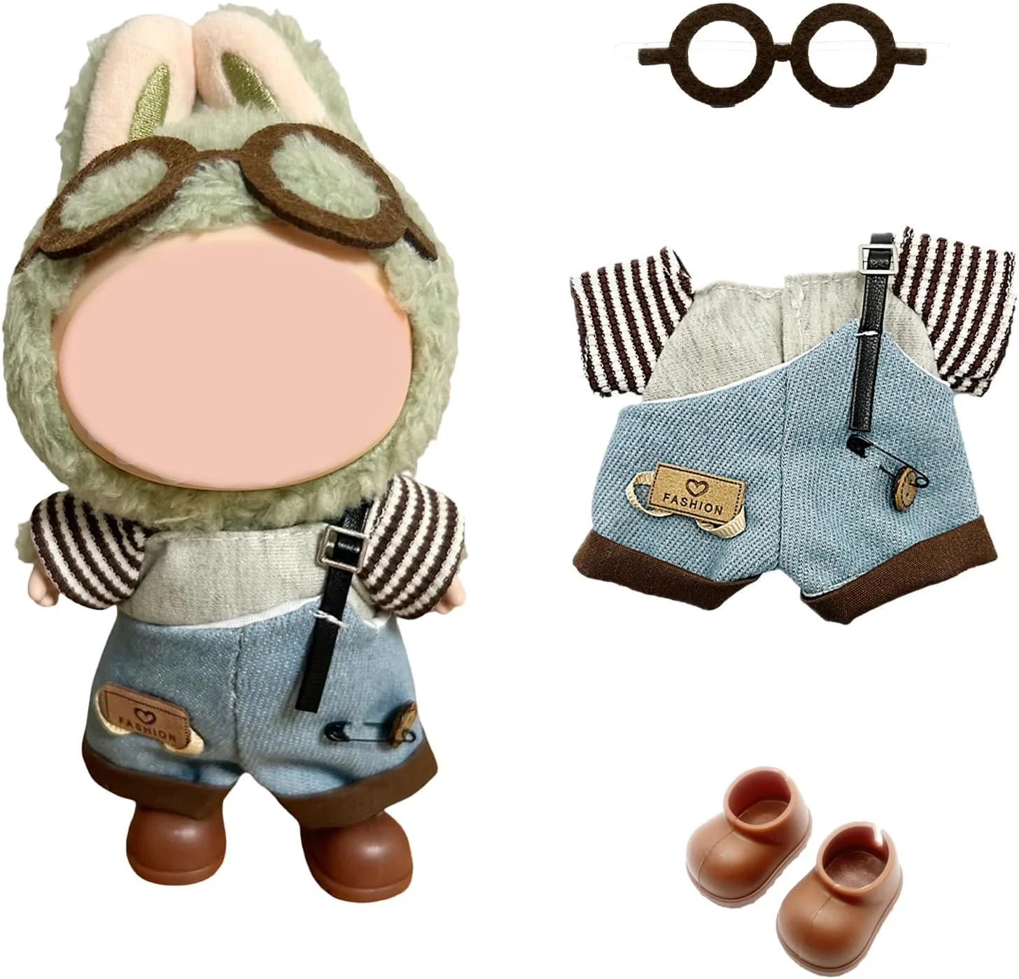ست لباس عروسک 4 تکه KASTWAVE برای عروسک های لابوبو، شامل عینک، تی شرت، سرهمی و کفش، لوازم جانبی لباس مد روز ممتاز برای عروسک های پولیشی 17 سانتی متری، هدیه کلکسیونی منحصر به فرد