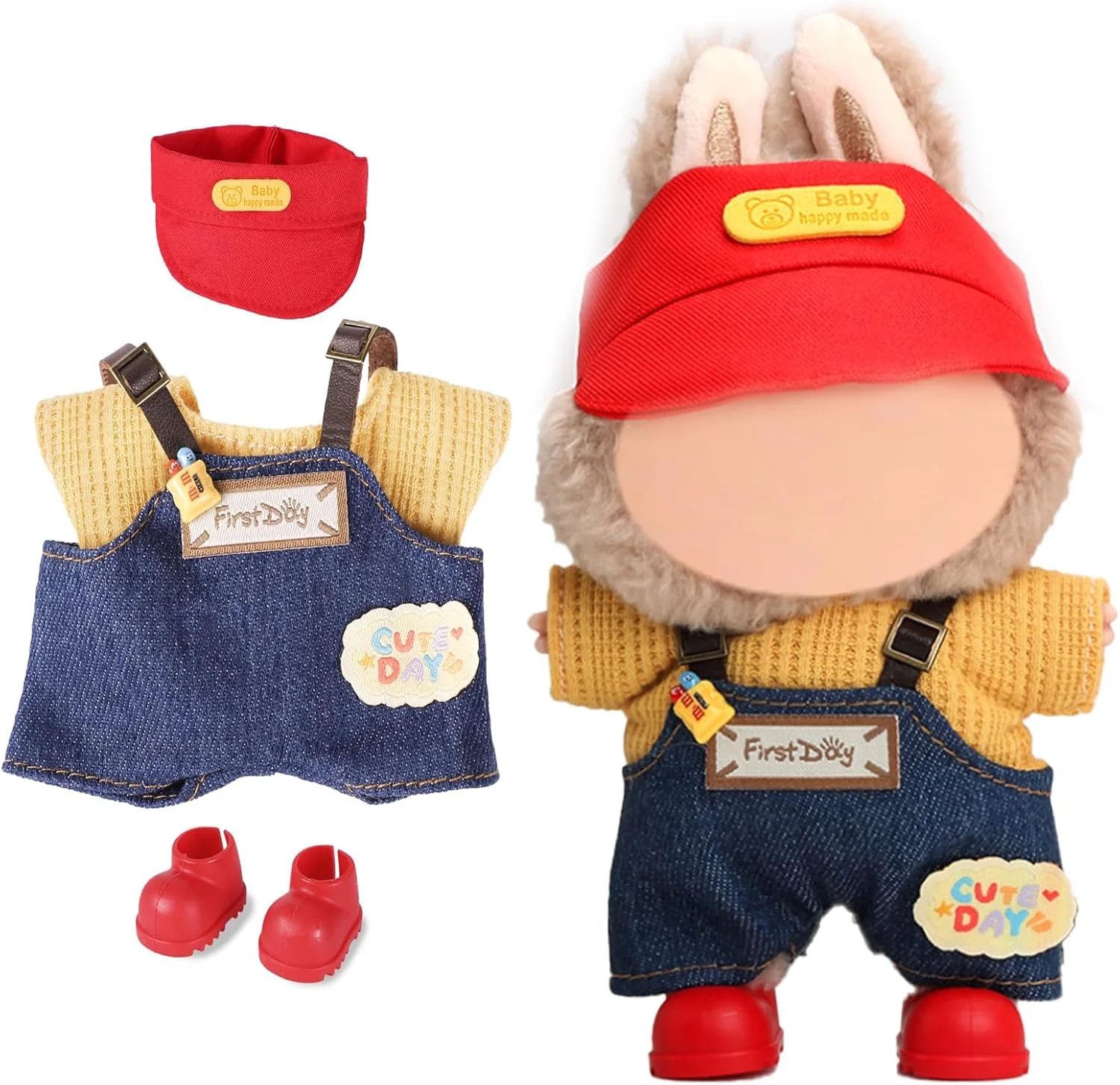 ست لباس 4 تکه KASTWAVE برای عروسک لابوبو، شامل کلاه، تی شرت، شلوار پیش بندی و کفش، لباس مد روز ممتاز برای عروسک های 17 سانتی متری، هدیه ای منحصر به فرد برای کلکسیونرها