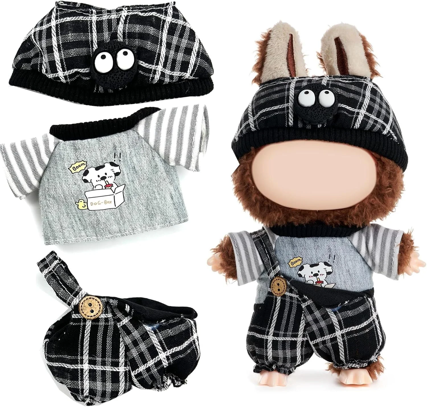 ست لباس 3 تکه KASTWAVE برای عروسک لابوبو، شامل سرهمی، تی شرت و کلاه بامزه، لوازم جانبی لباس پوشیدن شایان ستایش برای عروسک های 17 سانتی متری (عروسک شامل نمی شود)