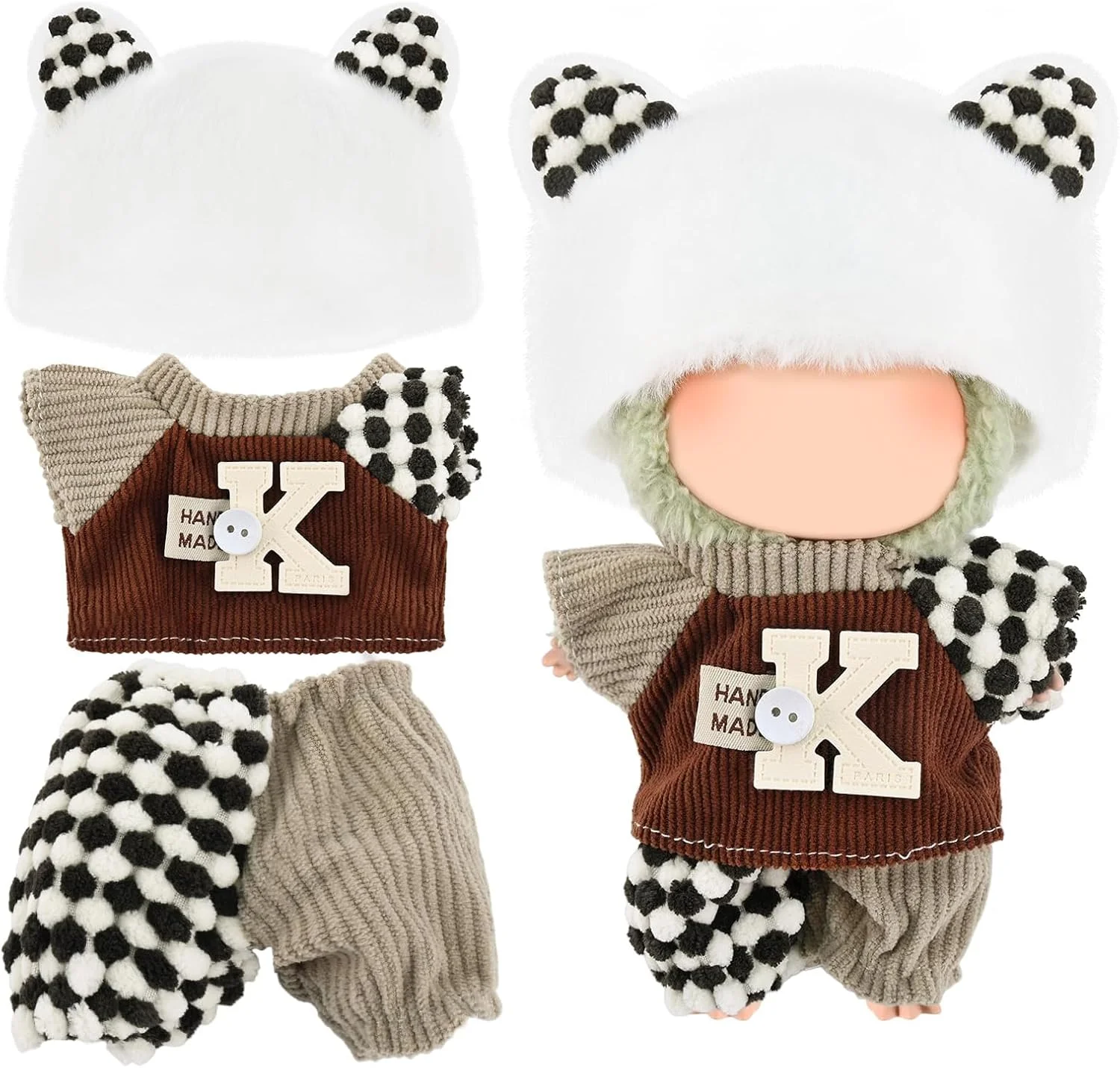 ست لباس بافتنی KASTWAVE برای عروسک لابوبو 17 سانتی متری، شامل کلاه، تاپ و سرهمی دست ساز 3 تکه، لوازم جانبی لباس عروسک با نخ نرم برای کلکسیونرها (عروسک شامل نمی شود)