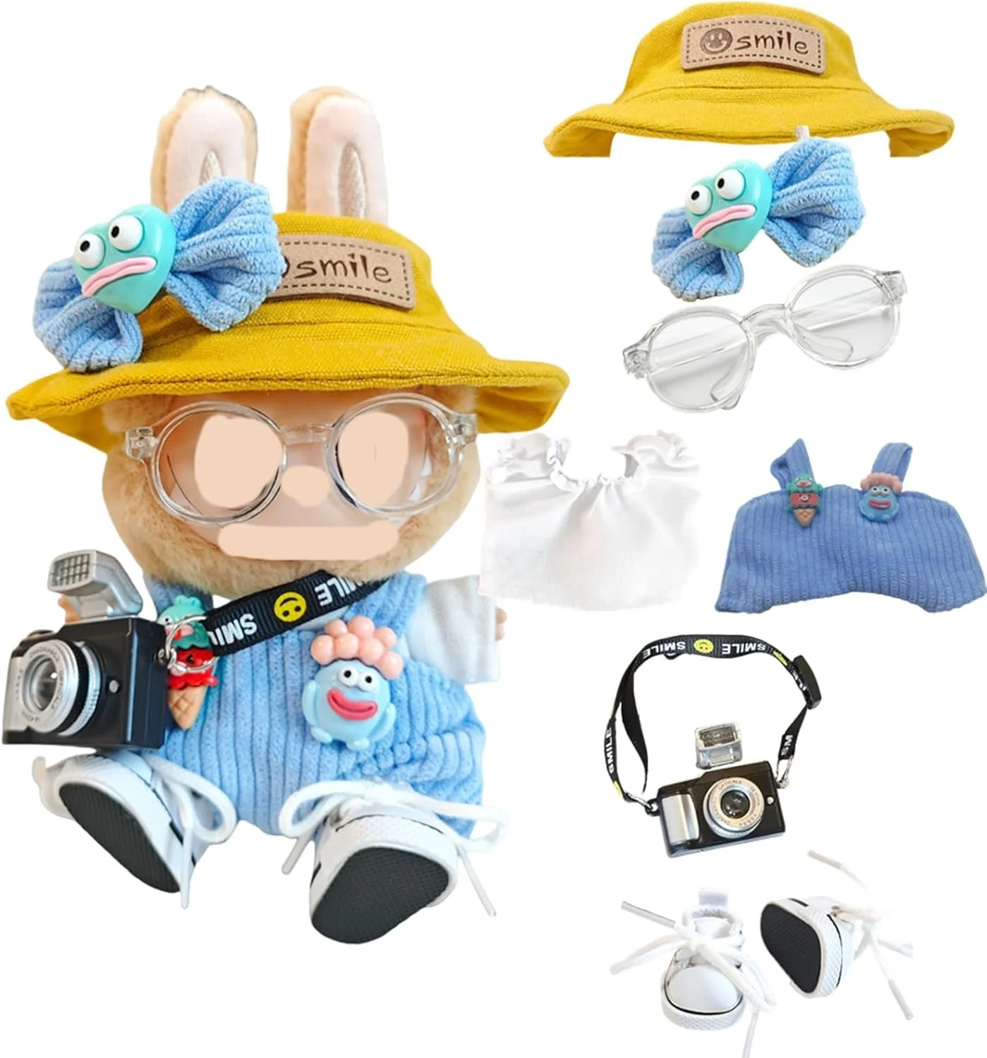 ست لباس 7 تکه برای عروسک لابوبو شامل لباس، کلاه، شلوار، کفش، عینک، گیره سر و لوازم جانبی دوربین - استایل کژوال خنک برای عروسک های 17 سانتی متری (عروسک شامل نمی شود)