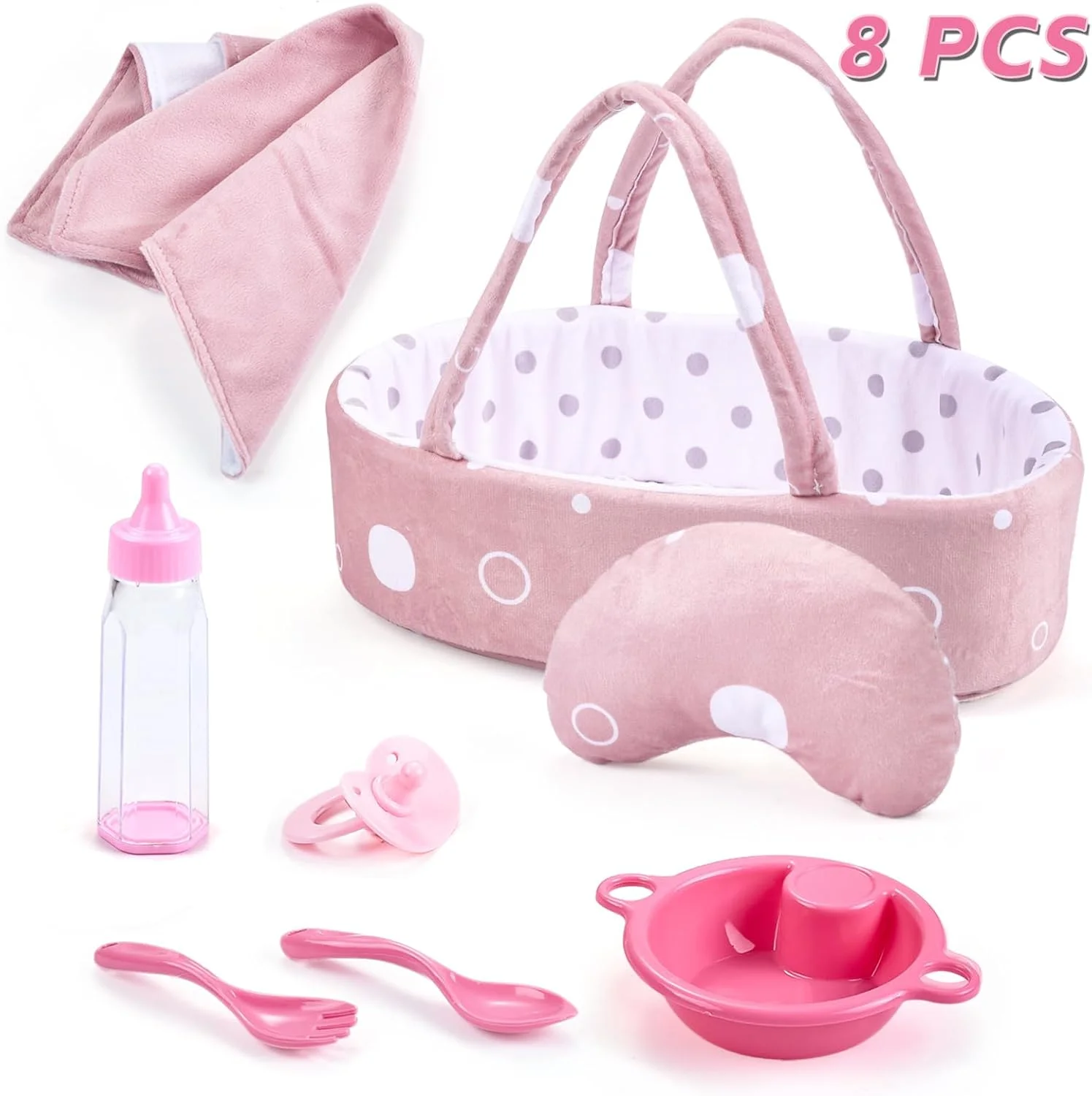 مجموعه 8 تکه لوازم جانبی عروسک نوزاد Enjoyin شامل شیشه شیر، پستانک، پتو، بالش، ظروف غذاخوری و سبد حمل برای عروسک های 9 تا 12 اینچی