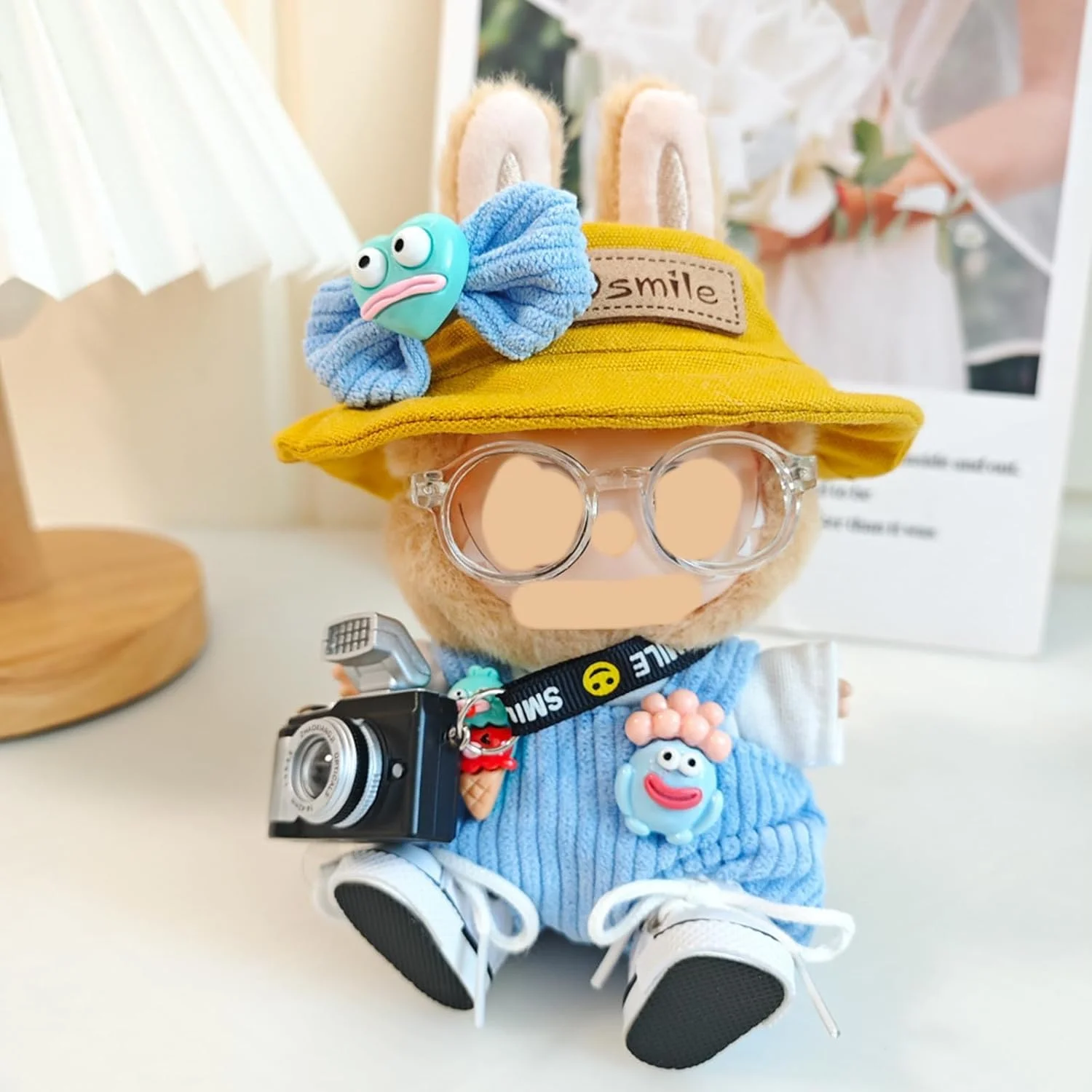 ست لباس 7 تکه برای عروسک لابوبو شامل لباس، کلاه، شلوار، کفش، عینک، گیره سر و لوازم جانبی دوربین - استایل کژوال خنک برای عروسک های 17 سانتی متری (عروسک شامل نمی شود)