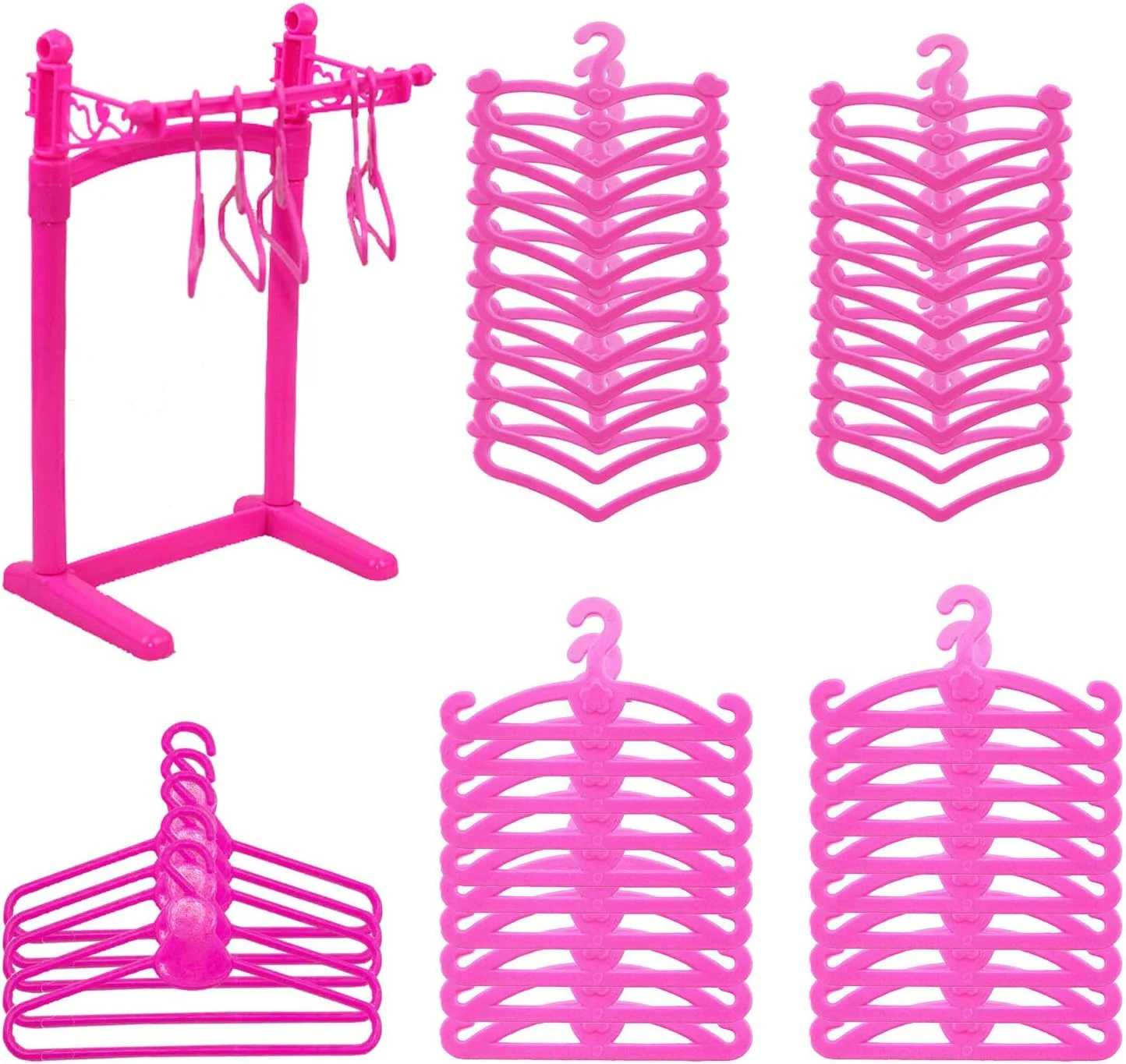 های‌فان بسته 60 عددی مبلمان عروسکی و رگال لباس به همراه 55 عدد چوب لباسی کوچک پلاستیکی صورتی برای لباس، پیراهن و لوازم جانبی لباس عروسک باربی