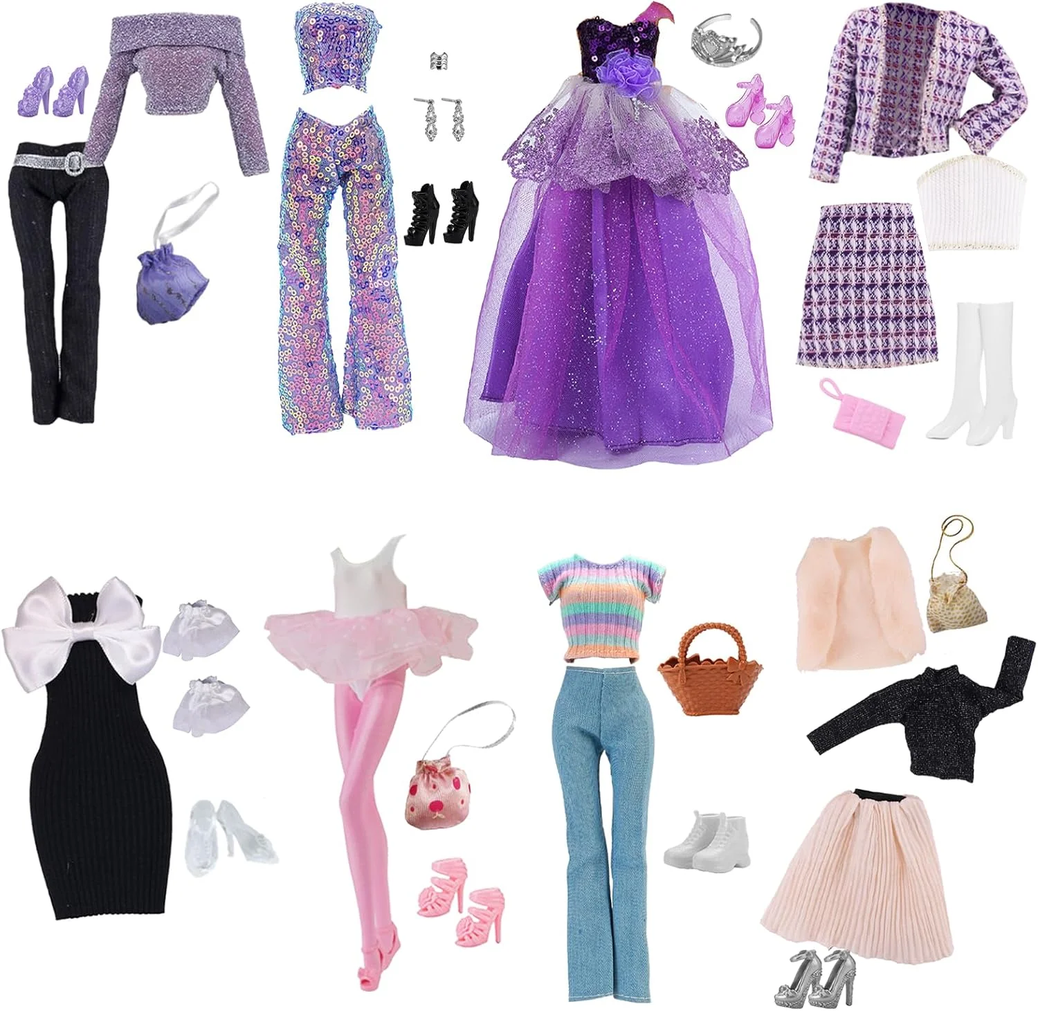 34 تکه لباس و لوازم جانبی سازگار با عروسک های باربی 11.5 اینچی، 8 ست لباس عروسک و بسته های مد، 1 لباس پرنسسی، 1 دامن باله، 3 دامن مجلسی، 7 تاپ، 3 شلوار، 8 کفش، 5 کیف، 1 تاج