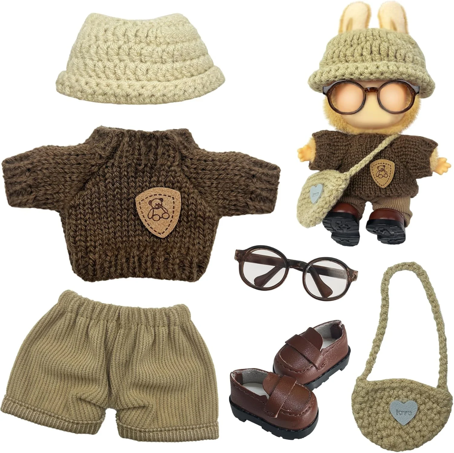 ست لباس و لوازم جانبی عروسک 6 تکه برای عروسک های پولیشی 17 سانتی متری، شامل کفش های قهوه ای، ژاکت، عینک، کیف، شلوار و کلاه بافتنی، هدیه برای دختران و کودکان (بدون عروسک)