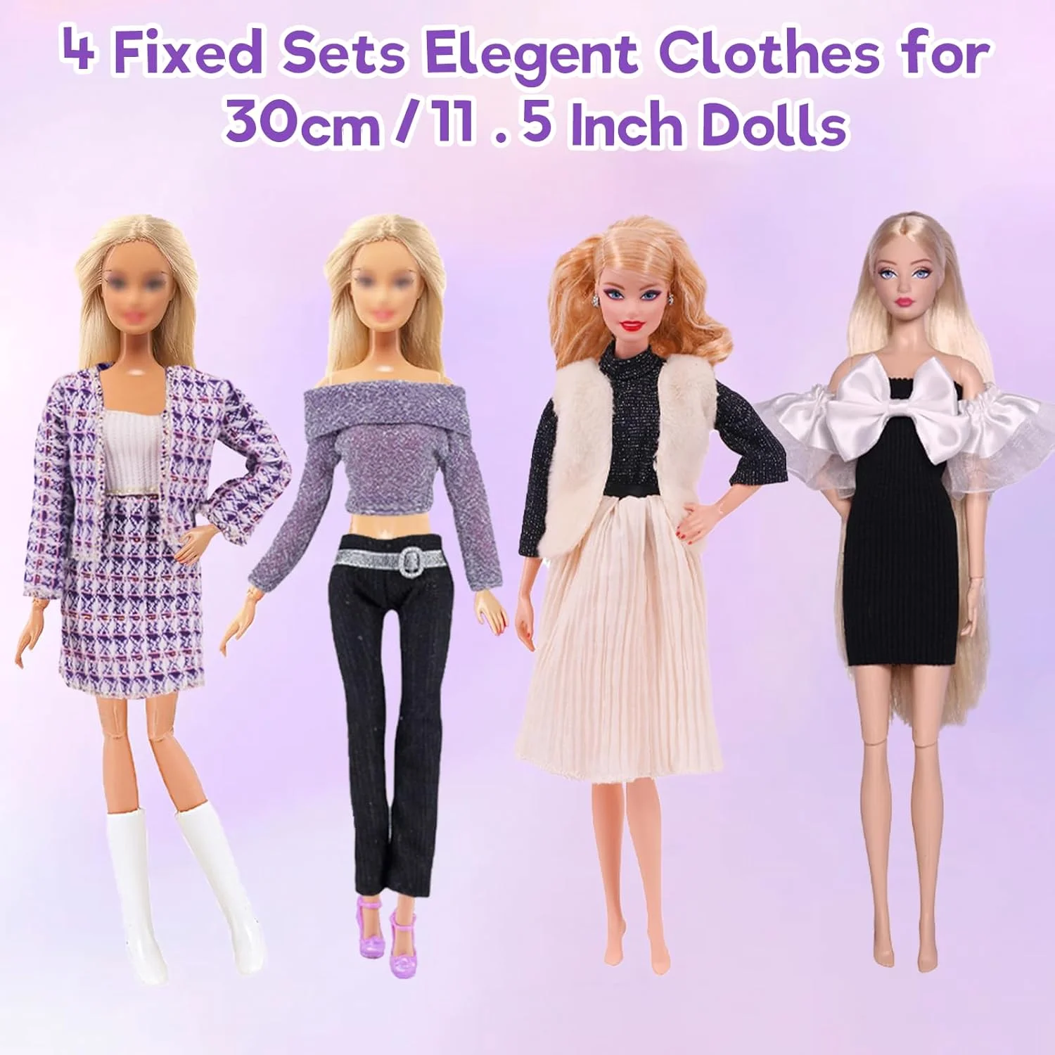 34 تکه لباس و لوازم جانبی سازگار با عروسک های باربی 11.5 اینچی، 8 ست لباس عروسک و بسته های مد، 1 لباس پرنسسی، 1 دامن باله، 3 دامن مجلسی، 7 تاپ، 3 شلوار، 8 کفش، 5 کیف، 1 تاج