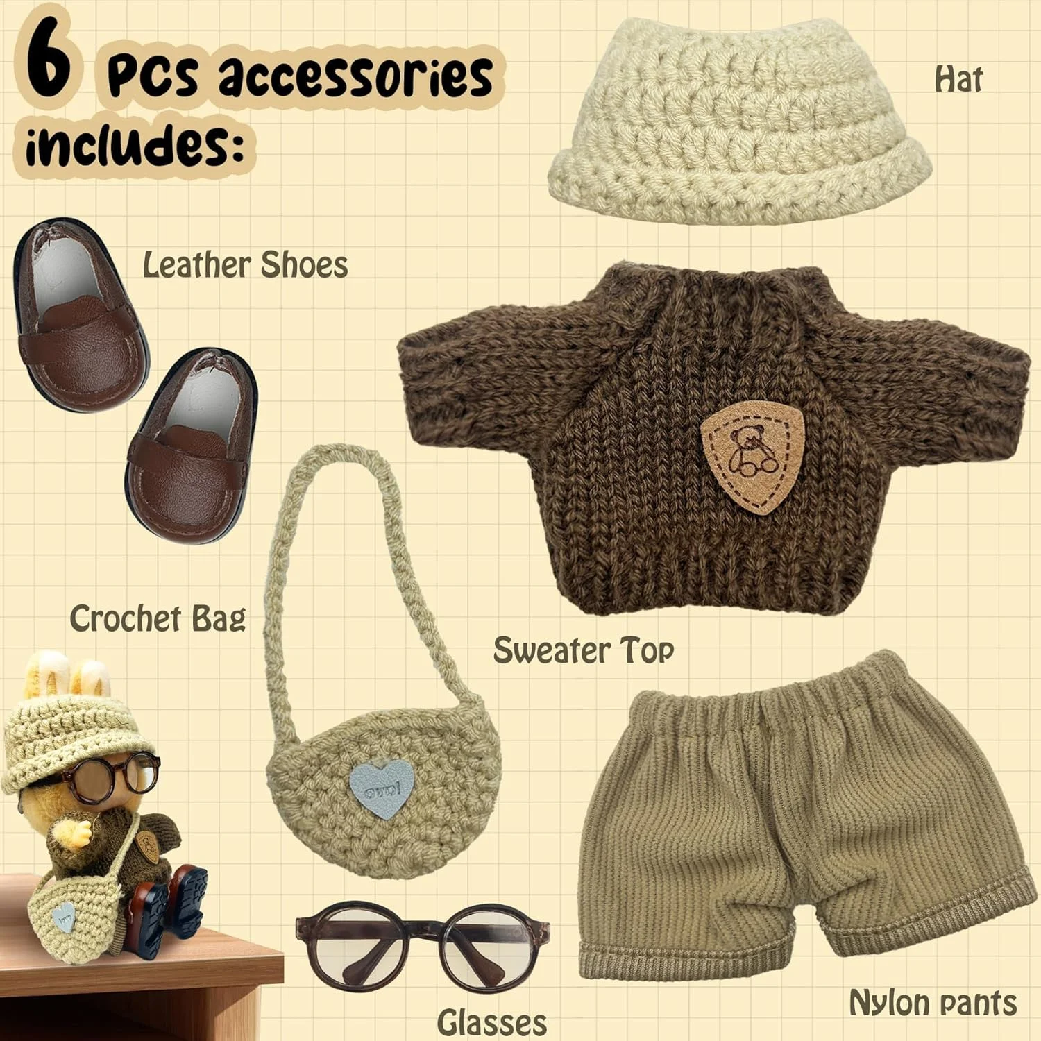 ست لباس و لوازم جانبی عروسک 6 تکه برای عروسک های پولیشی 17 سانتی متری، شامل کفش های قهوه ای، ژاکت، عینک، کیف، شلوار و کلاه بافتنی، هدیه برای دختران و کودکان (بدون عروسک)