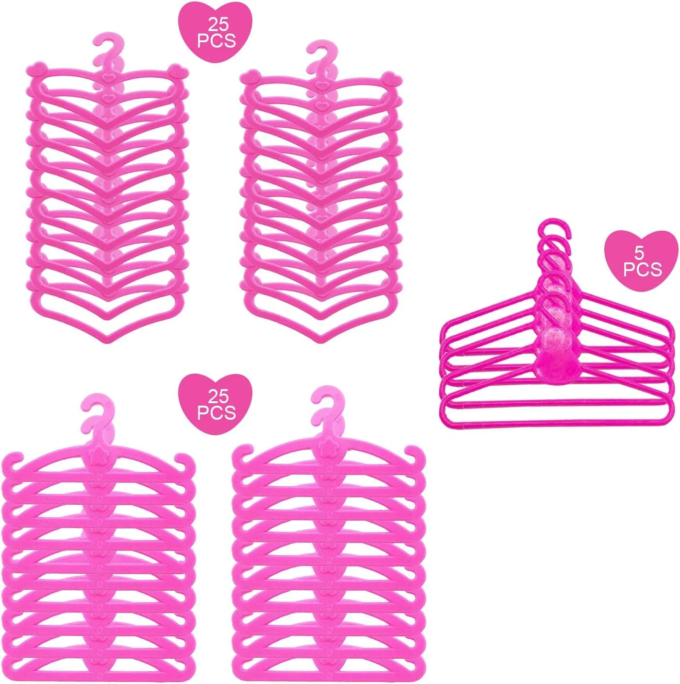 های‌فان بسته 60 عددی مبلمان عروسکی و رگال لباس به همراه 55 عدد چوب لباسی کوچک پلاستیکی صورتی برای لباس، پیراهن و لوازم جانبی لباس عروسک باربی